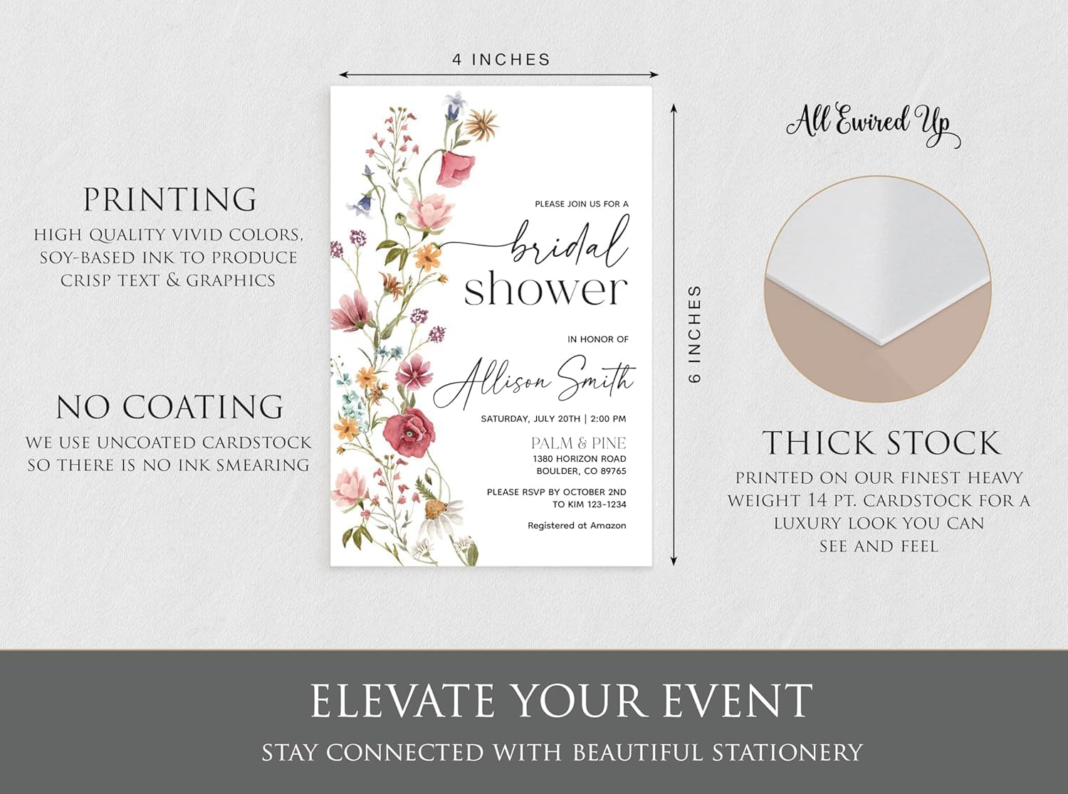 All Ewired Up Bridal Shower Invitations and Envelopes, Wildflower Colorful Floral Boho Invitation Card, Wedding, Party, Decorations, Wild Flower Personalized