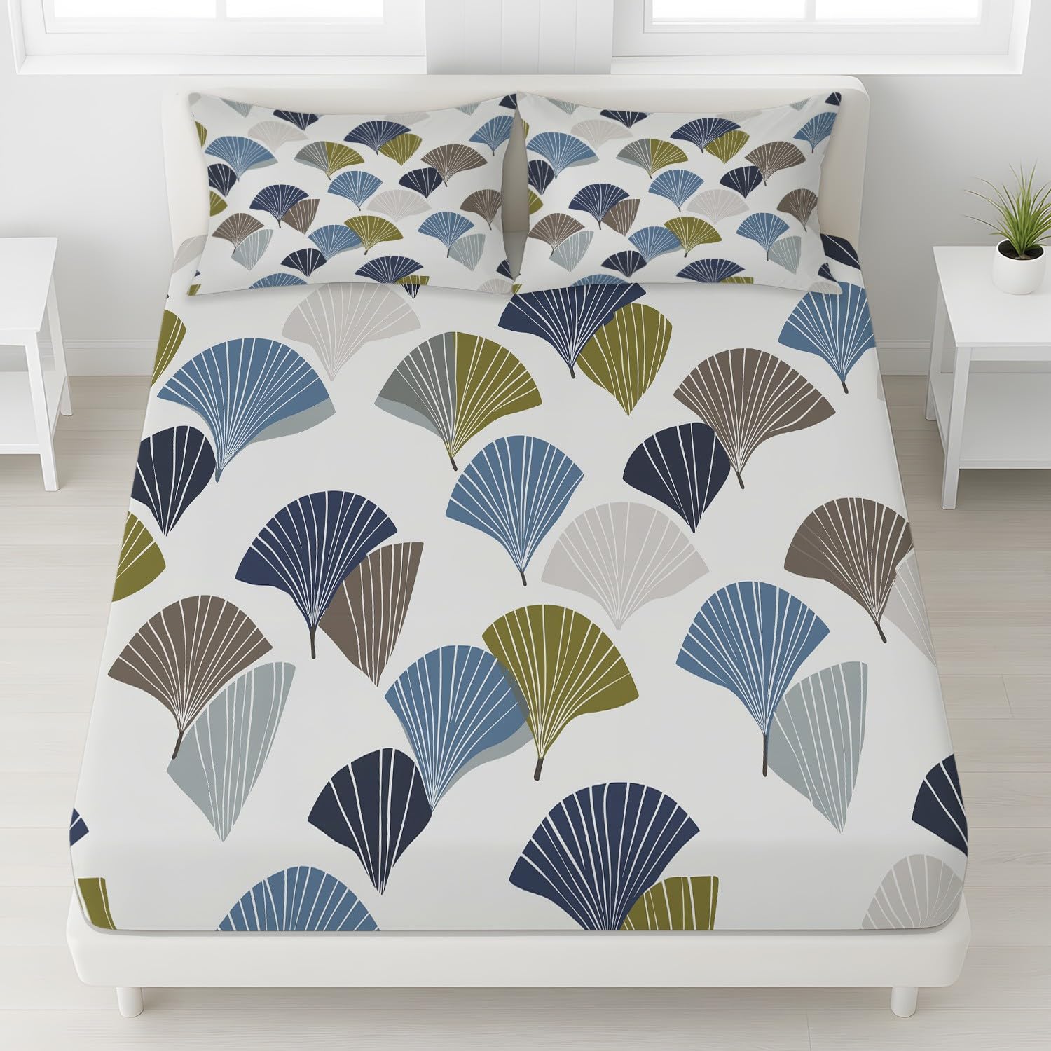Abstrakt Pflanzen Spannbetttuch Minimalistisch Geometrisch Fächerform Blatt Spannbettlaken 200 x 200 x 30 cm 3teilig Mikrofaser Bettwäsche Set mit 2 Kissenbezüge 80 x 80 cm Kein Flachbettlaken