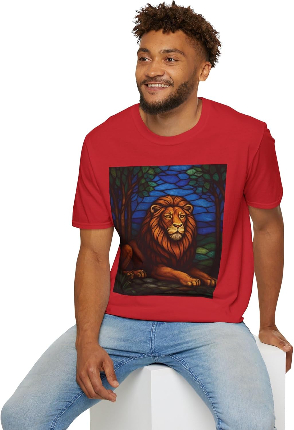 Softstyle Unisex T-Shirt with Artistic Lion Print – Lightweight Cotton Graphic Tee, Stained-Glass Style Nature Design - Image 8