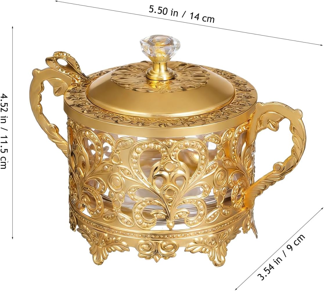 Kichvoe Sugar Bowl, 2 Sets Turkish Sugar Bowl with Lid and Spoon Condiment Pots Seasoning Box Golden Embossed Saltbox Glass Candy Jar Coffee Bar Accessories