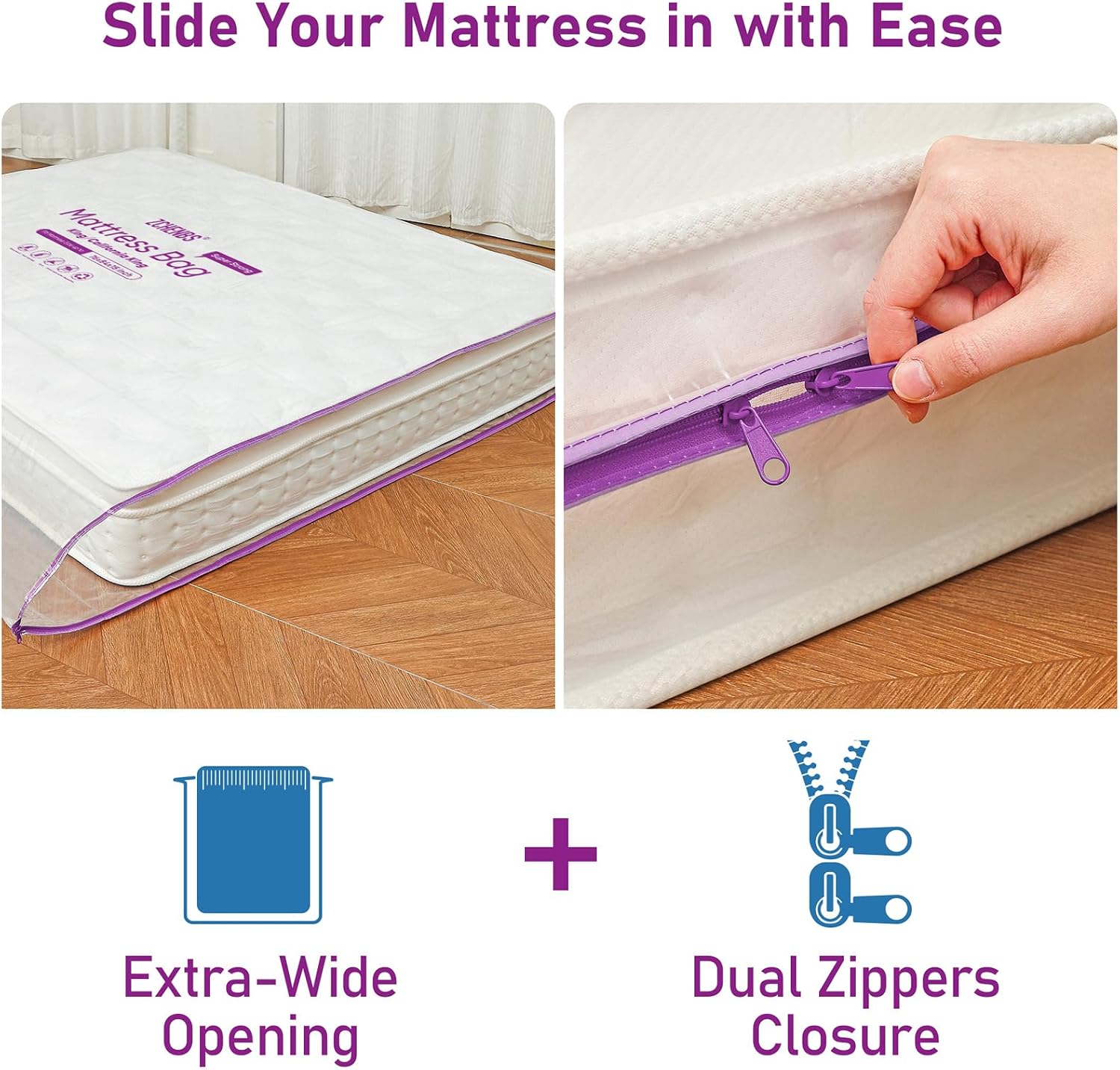 ZCHENBS® - King Mattress Bags for Moving, Waterproof Storage Bag with Zipper, Heavy-Duty 5 Mil Ultra-Thick California King Mattress Protector Cover for Moving, Reusable (Transparent/Purple, 1 Pack)