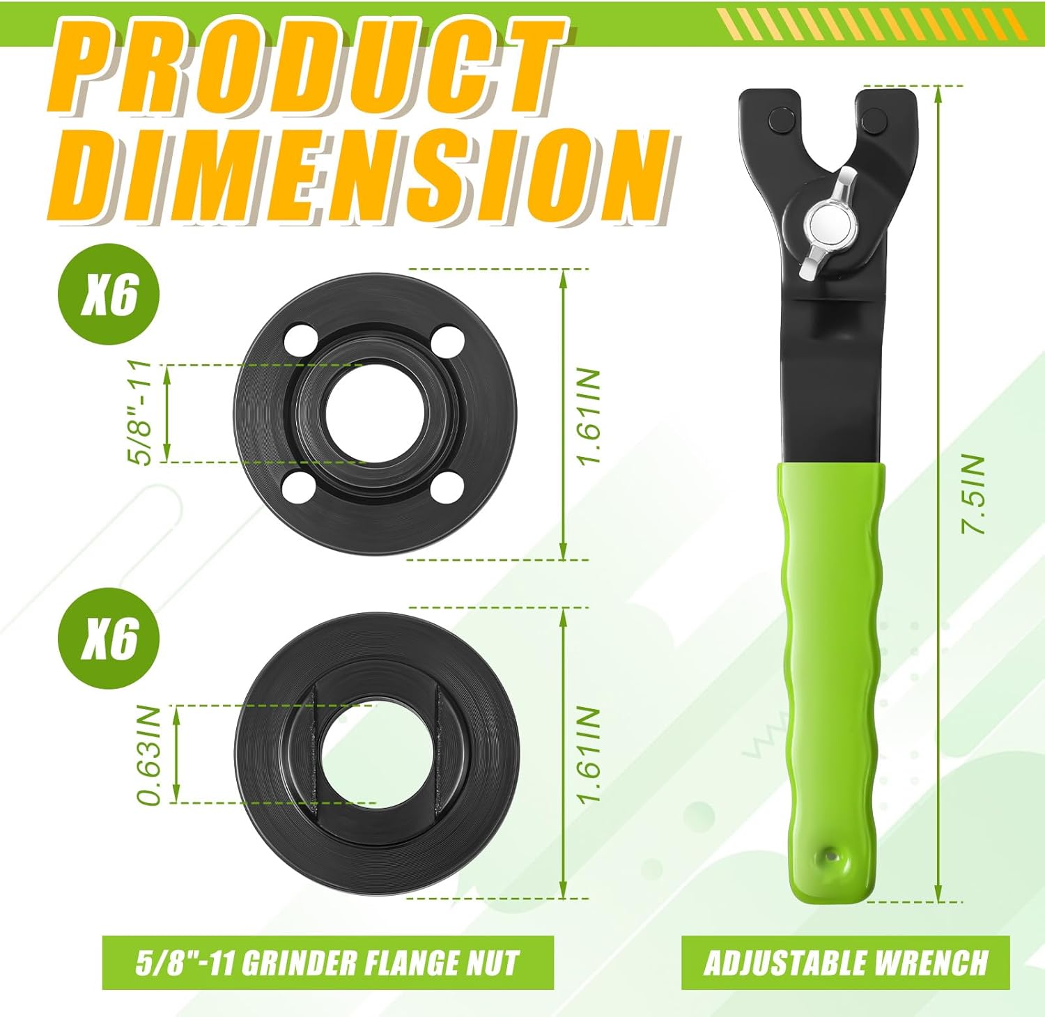 Hicarer Angle Grinder Nut Angle Grinder Wrench Kit 5/8"-11 Flange Metal Lock Nut Wrench Compatible with Dewalt/Makita/Bosch/Hitachi/Metabo(13 Pcs,Green)