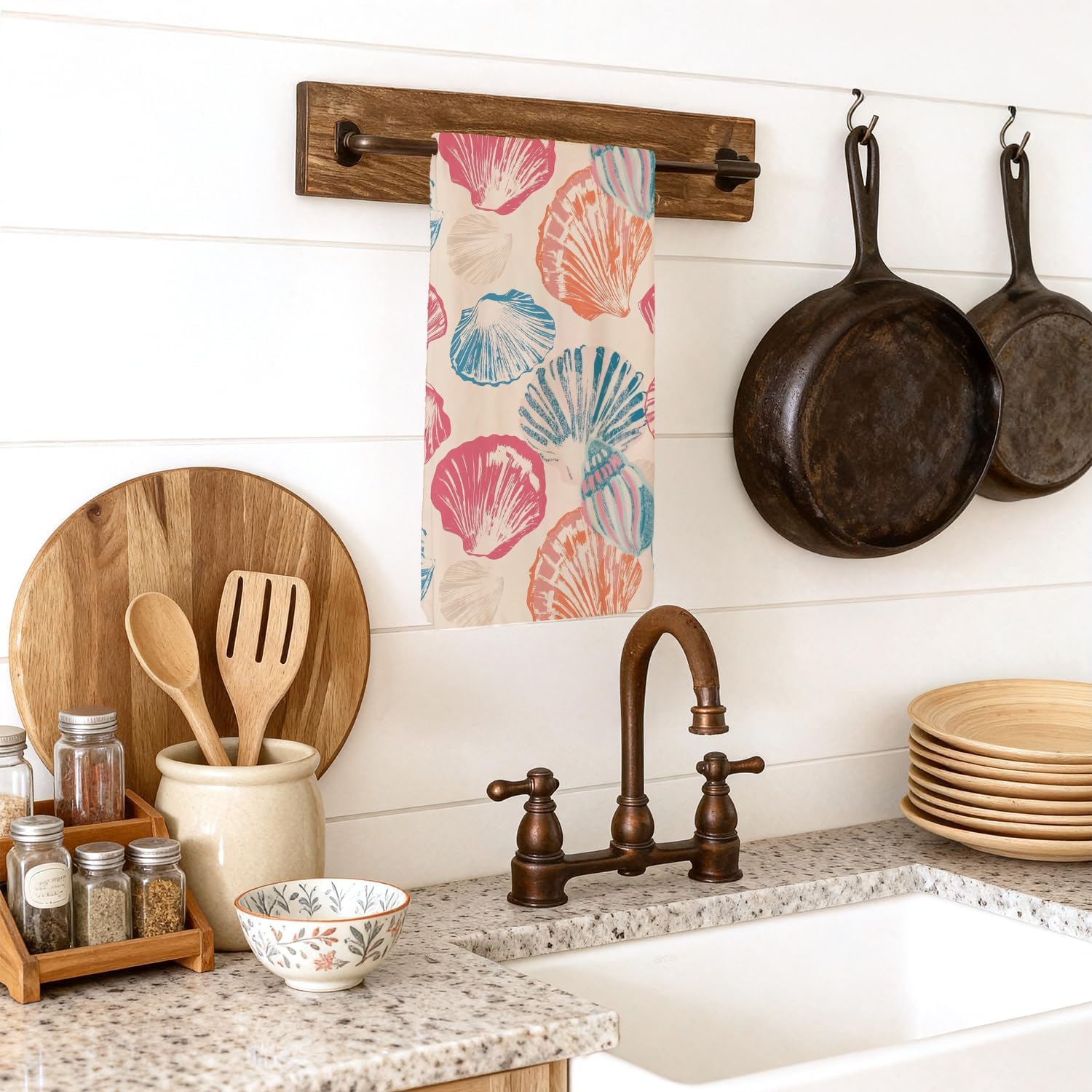 Colorful Seashell Coastal Beach Kitchen Towels, Beach Lover Gifts Dish Tea Towels for Kitchen, Nautical Ocean Summer Sea Shell Decorative Hand Towel for Bathroom, 16x24 Inch image 3