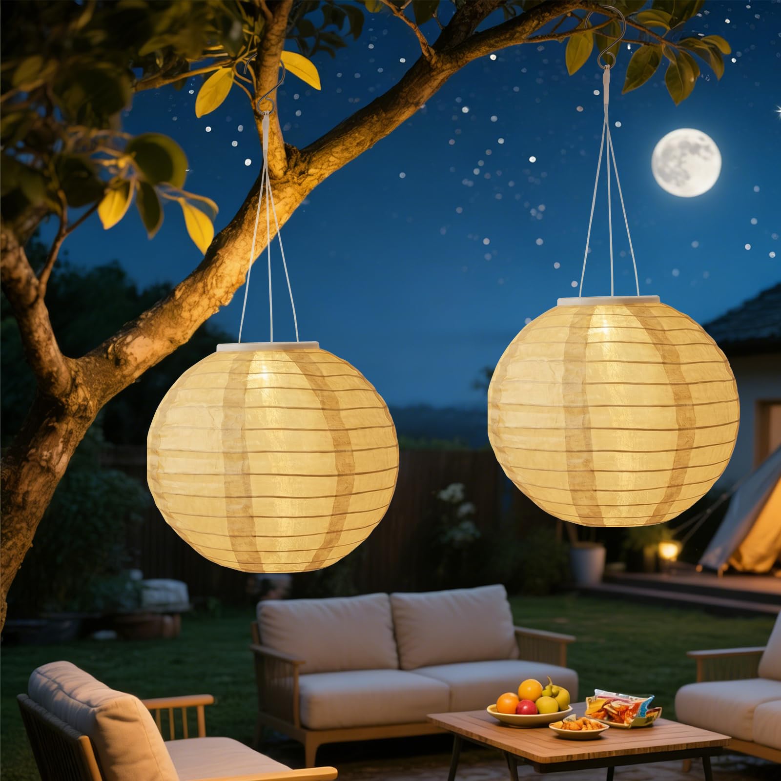 Solar Lampions Außen Wetterfest, 2 Stück LED Laterne hängend 20cm Warmweiß, Laterne Solar Außen wetterfest für Traufe Baum Terrasse deko