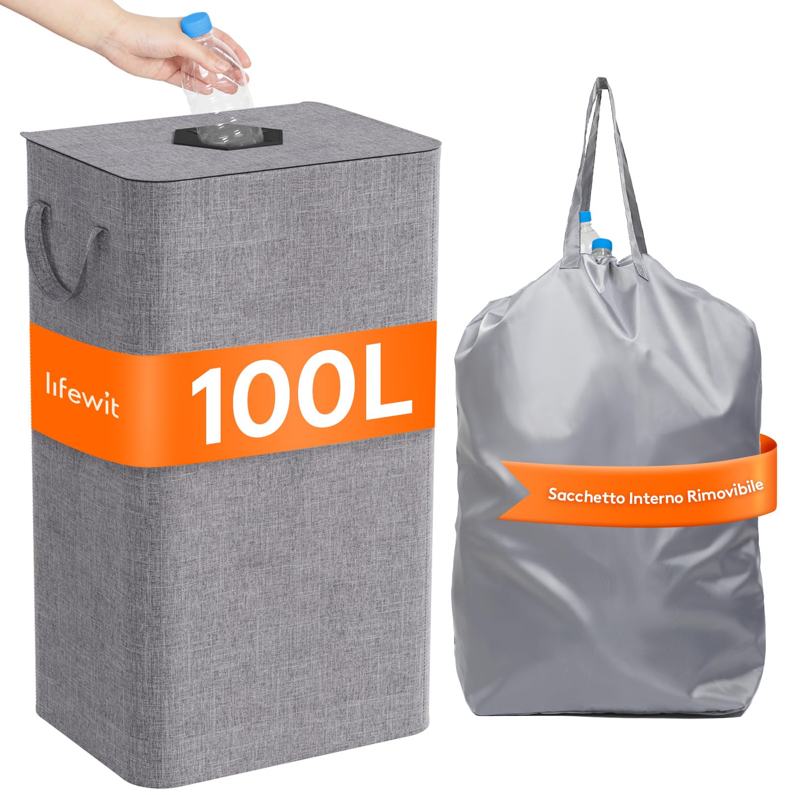 Lifewit 100L Conservazione Delle Bottiglie con Coperchio, Pattumiera Differenziata per Bottiglia Plastica e Bottiglia Vetro, Raccolta Differenziata con Foro, Contenitore Pattumiera Cucina, Grigio