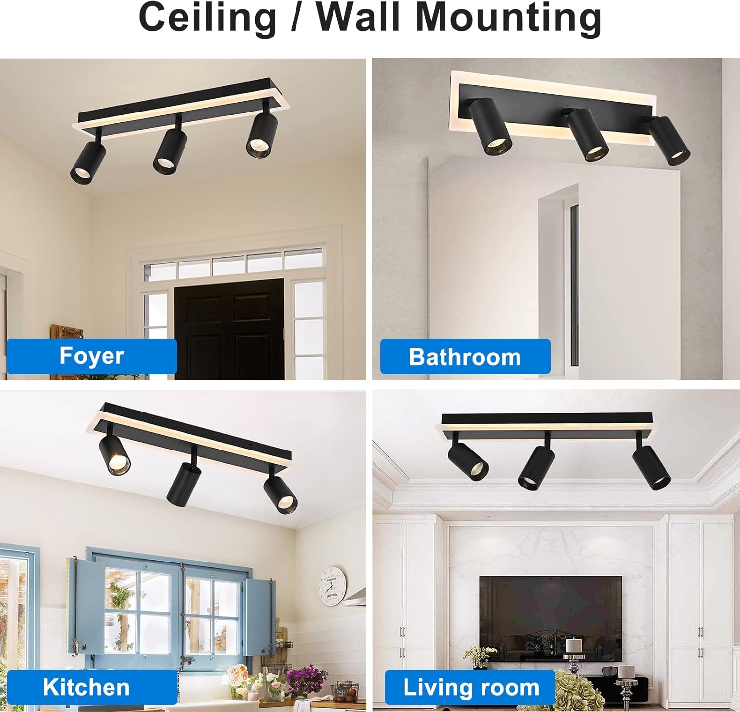 LED 3-Lights Track Lighting Spotlight Kit, Black Track Lighting Fixtures Ceiling with Flexibly Rotatable Light Heads, Bathroom Vanity Light Ceiling Mount for Kitchen Living Room​, ETL Listed