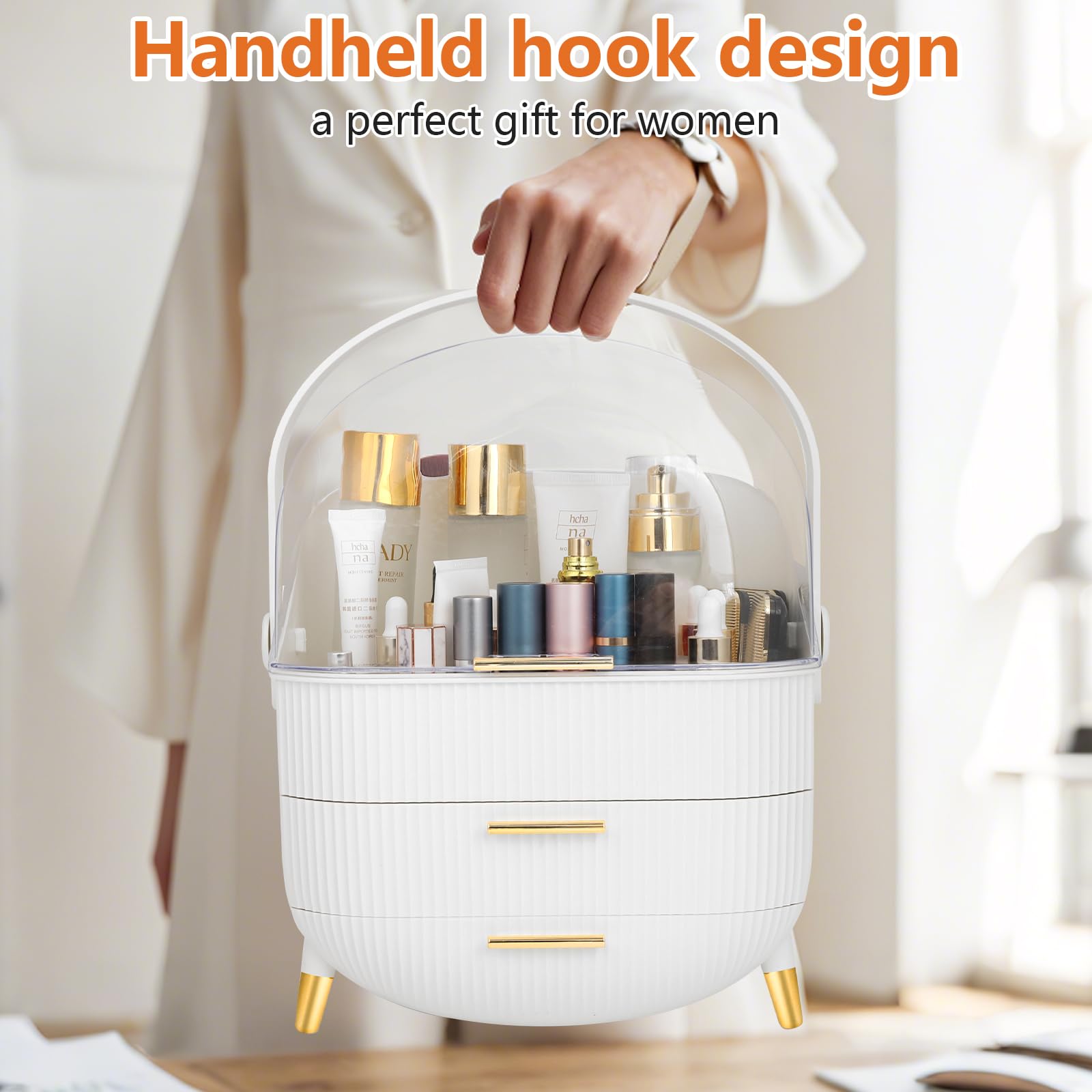 Romicta Organizzatore Cosmetici, Scatola per Makeup con 3 Cassetti e Porta Pennelli, Contenitore Trucco con Coperchio a Prova di Polvere e Acqua, Ideale per Tavolo da Trucco e Bagno (Bianco)