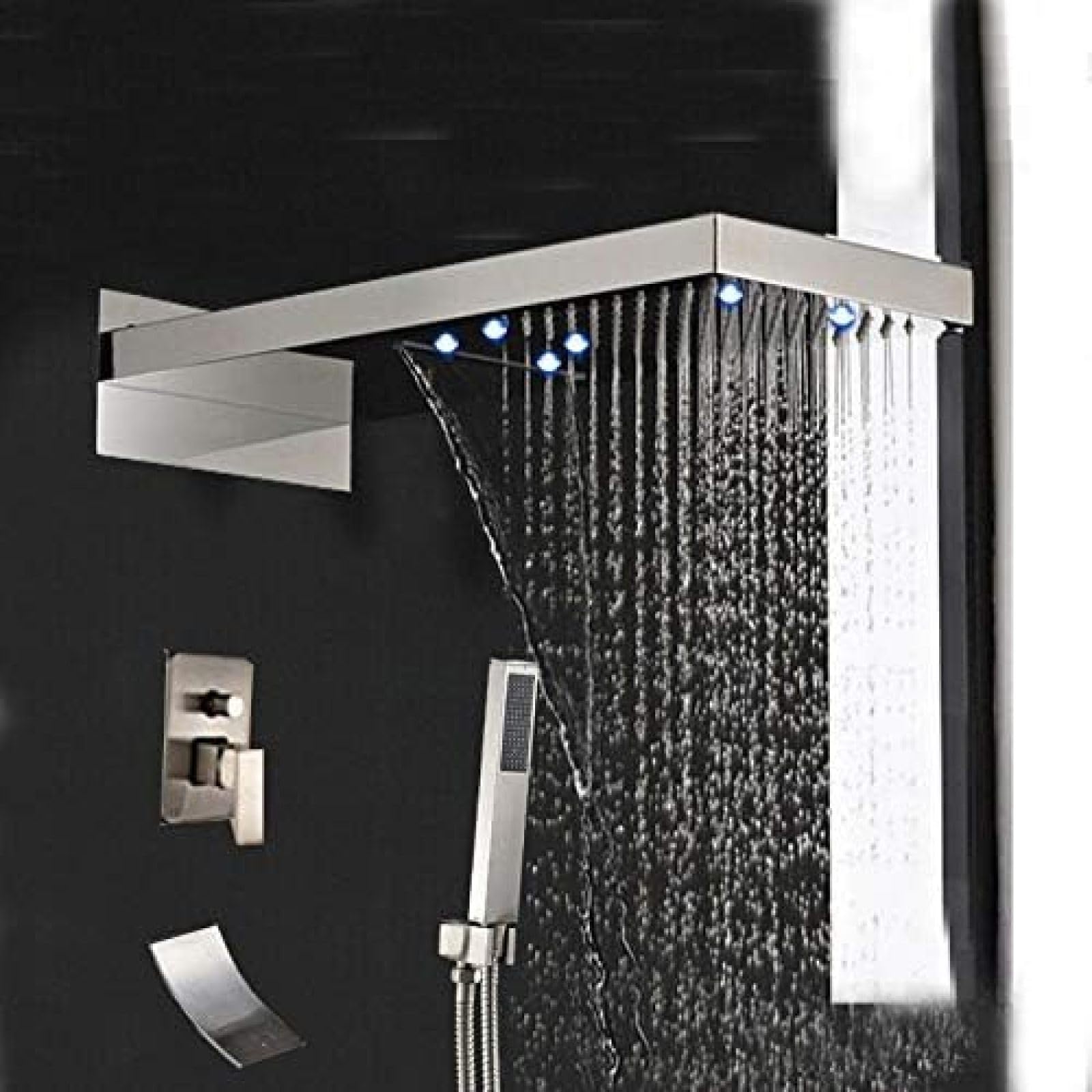 OZBMA Shower Kits, LED Brushed Nickel Waterfall Rain Faucet Tub Spout Hand Set Mixer