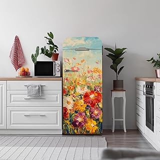funlife Peel and Stick Fridge Door Mural, Self-Adhesive Refrigerator Wrap Decal, Leather Effect Textured Vinyl Freezer Panel Cover Sticker for Kitchen Bar Decor, 11.25"x64.17" 2pc, Floral Oil Painting