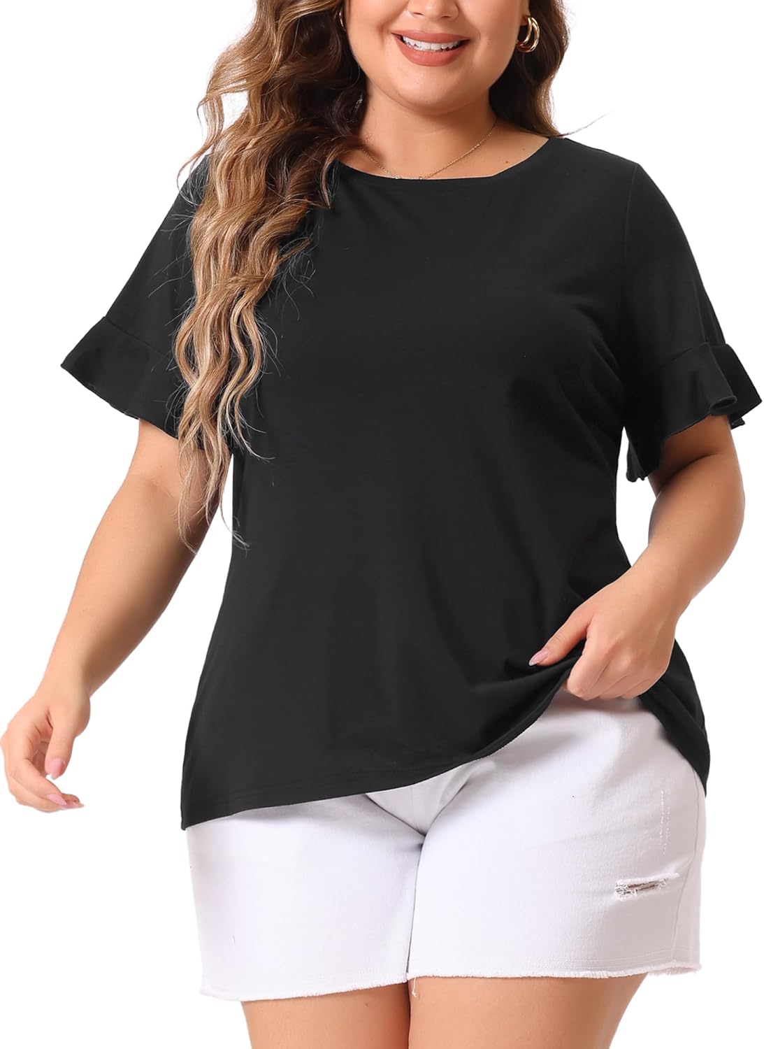 Agnes Orinda Plus Size Top for Women Plain Crew Neck Cute Ruffle Short Sleeves Tops Tees Blouses