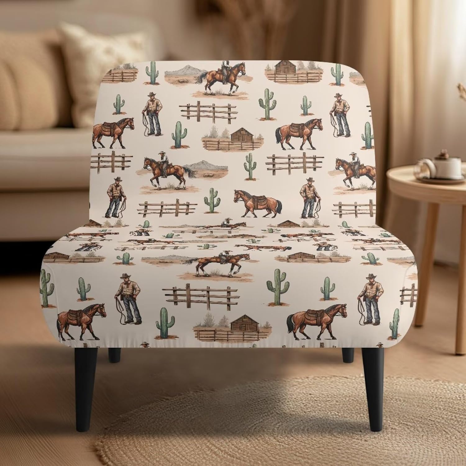 Merkmak Removable Armless Accent Chair Cover Cowboy Horse Print Chair Protective Cover Without Arms Single Sofa Couch Slipcover with Elastic Band for Living Dining Room Furniture Protector