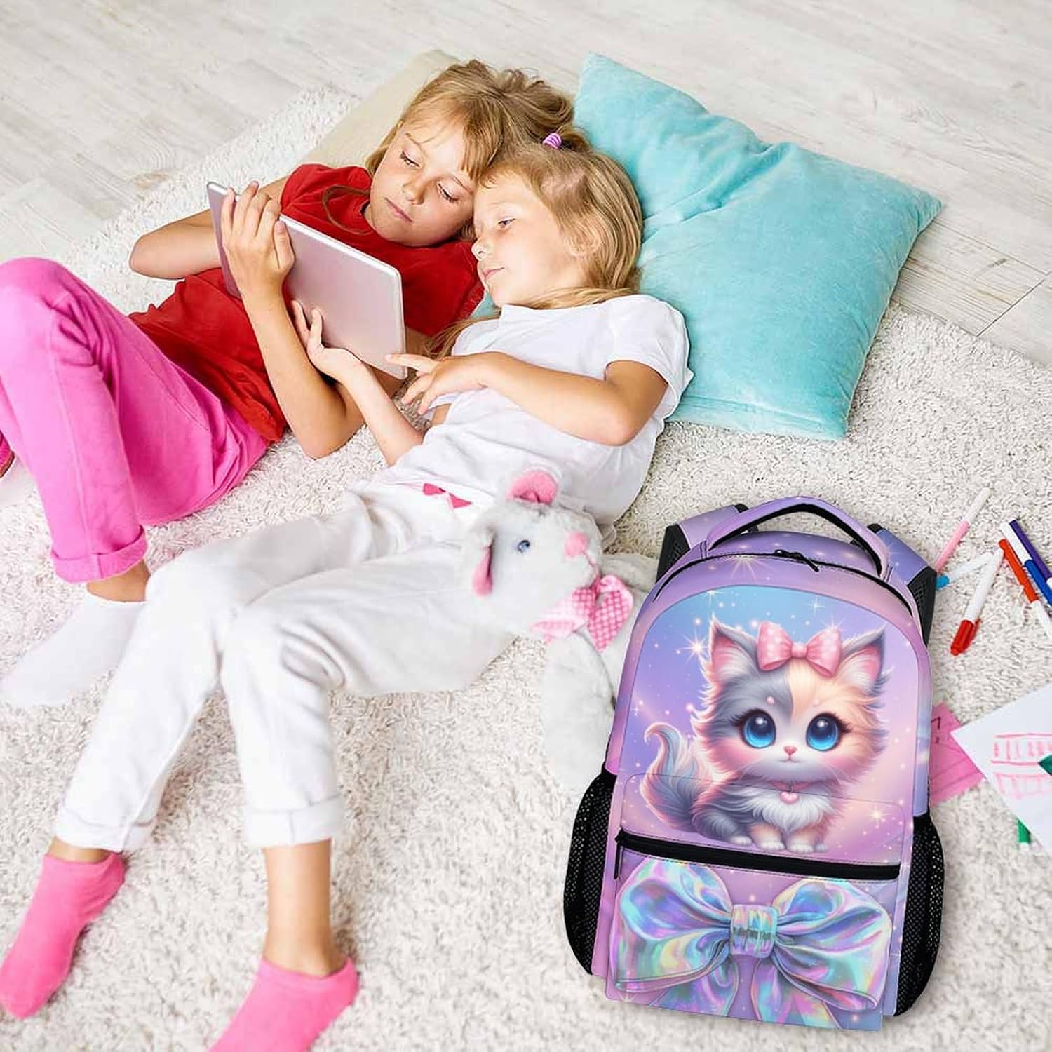 Kids Backpack, Cute Cat Bookbag for Girls 6-8, Girls Gift, 17 Inch Leisure Backpack for School Preschool Elementary Kindergarten