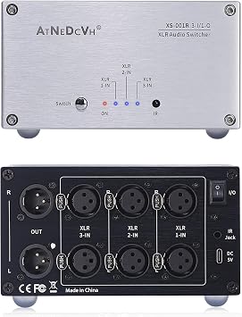 AtDcNeVh XLR 3 in 1 Out Audio Switcher, 3-Way Balanced Audio Switch Converter - Speakers Amplifiers Audio Selector Box - with Remote Control