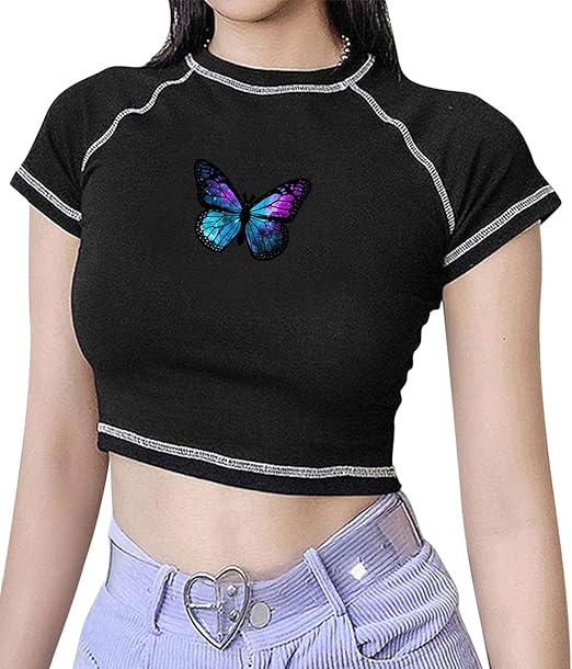 Amazon.com: Women's Sexy Butterfly Printed Crop Top Y2k Fashion Short Sleeve Slim E-Girl Top 