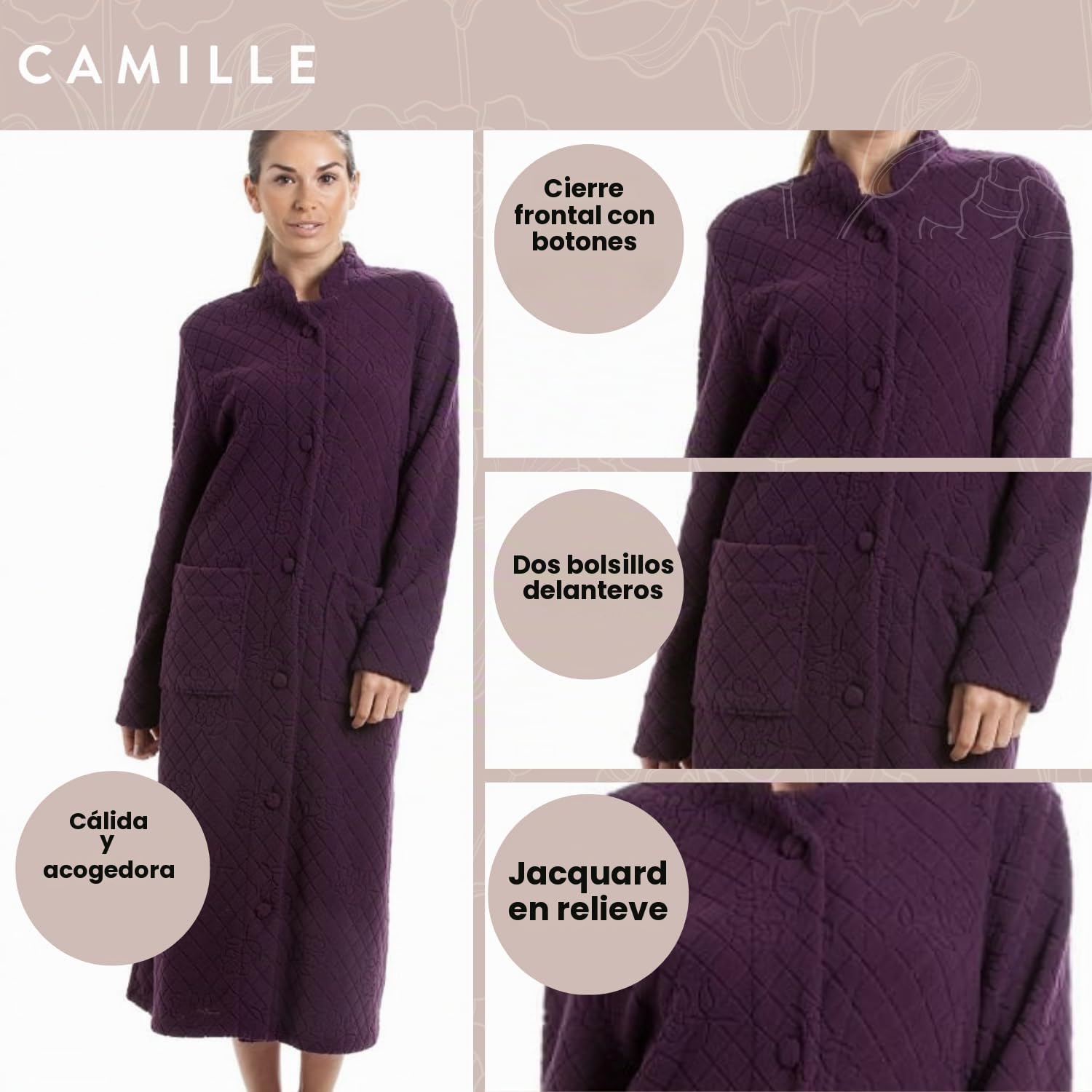 Camille Bata de baño supersuave para mujer, con botones, manga larga y bolsillos delanteros para máxima comodidad y calidez
