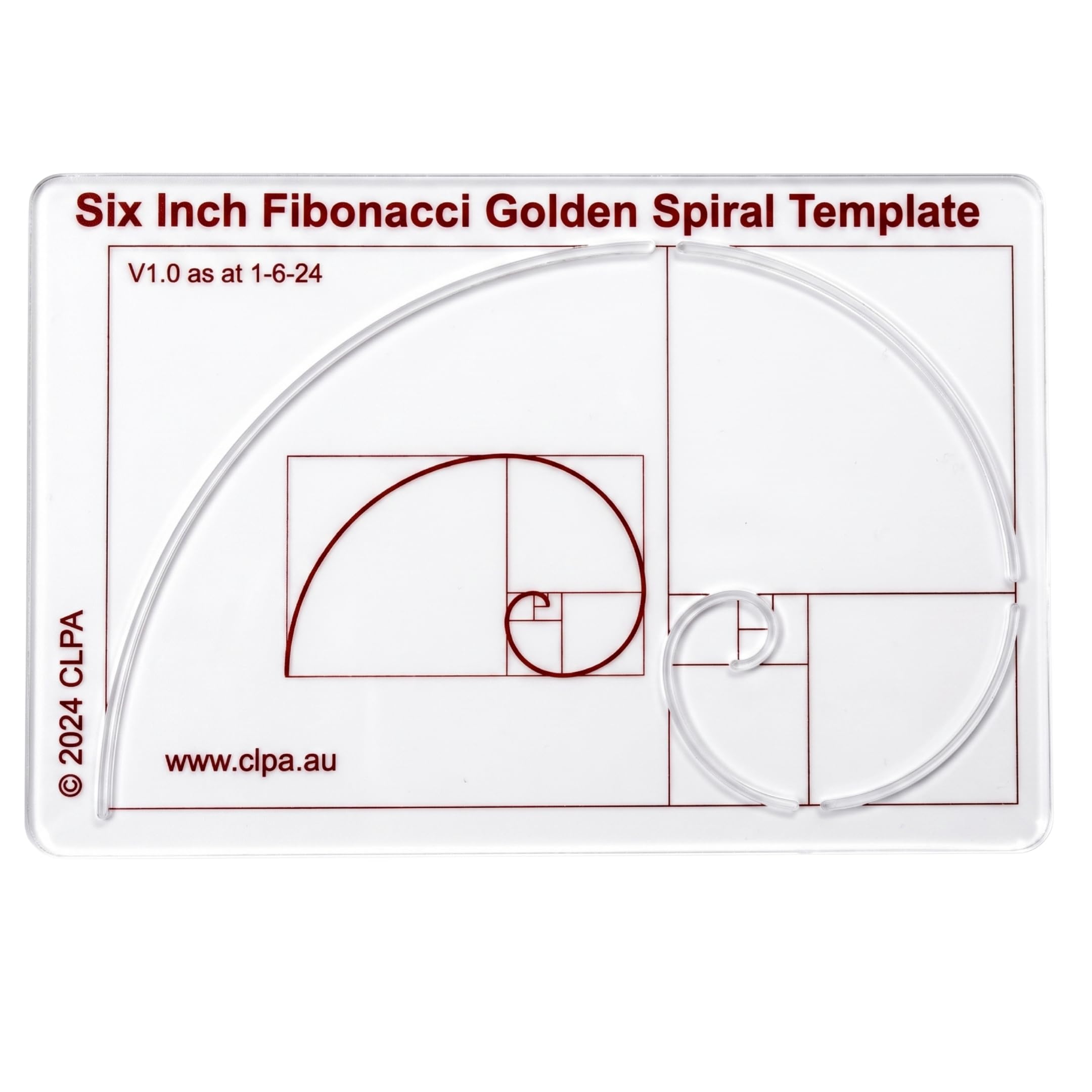 Plantilla de espiral de Fibonacci CLPA de 6" — Herramienta de proporción áurea para dibujo | Plantilla de Fibonacci | Plantilla geométrica para arte, dibujo técnico y acolchado | PETG transparente