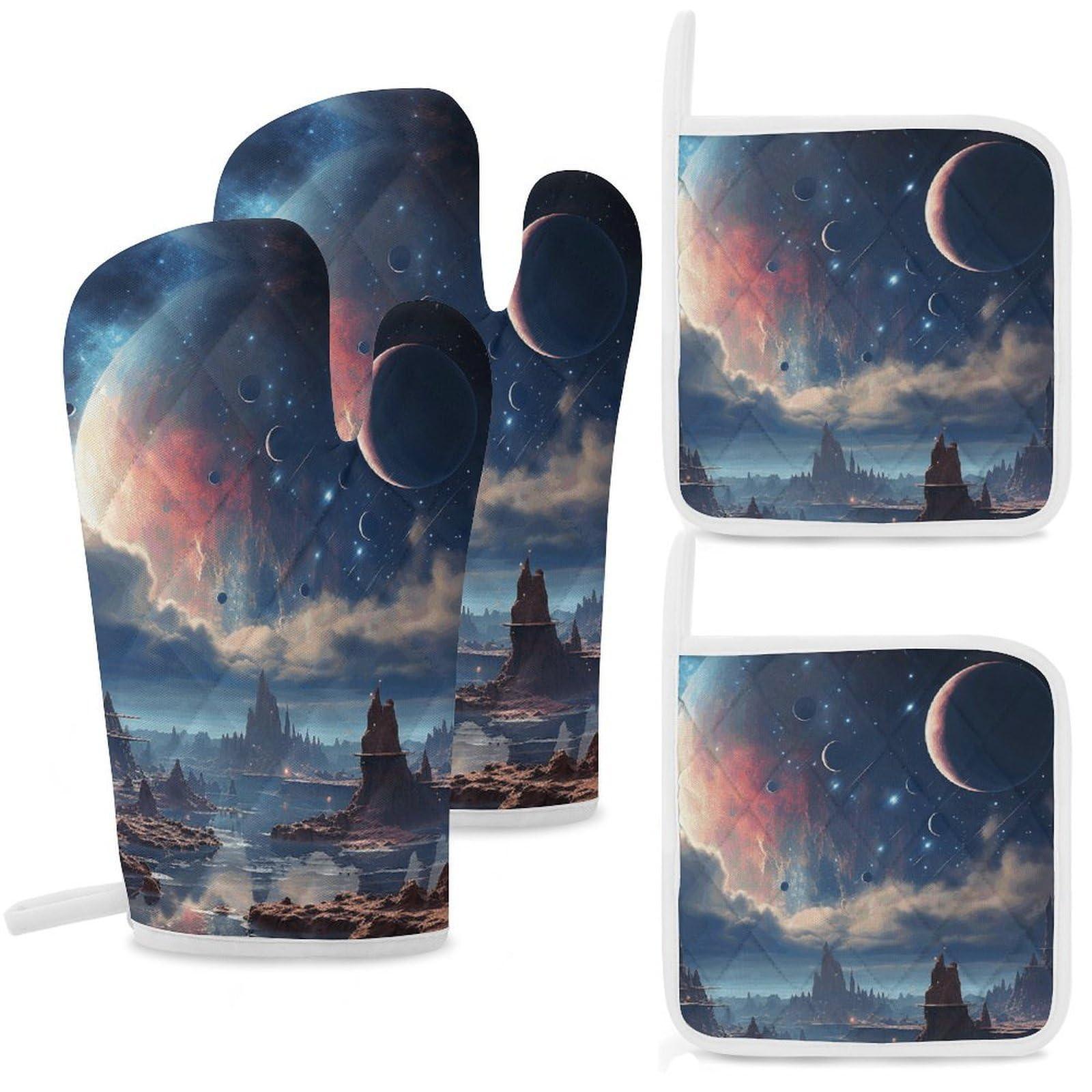 Galaxy Oven Mitts and Pot Holders Sets Heat Resistant Oven Glove with Hanging Loop for Baking Cooking BBQ Thicken Potholders for Kitchen