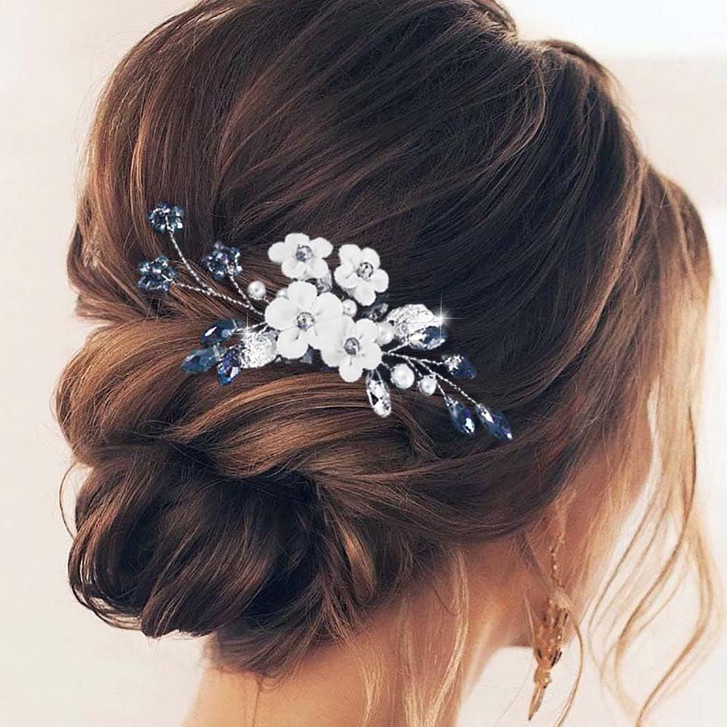Earent Bride Wedding Flower Hair Comb Blue Crystal Hair  display picture 2