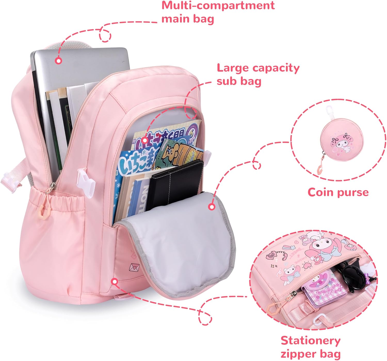 Roffatide Anime Kawaii Backpack with 12 Pcs Accessories Cartoon Travel Aesthetic New Semester Gifts Bag with Cute Pins Anti-Theft Laptop Backpack Travel Hiking Daypacks Rucksack