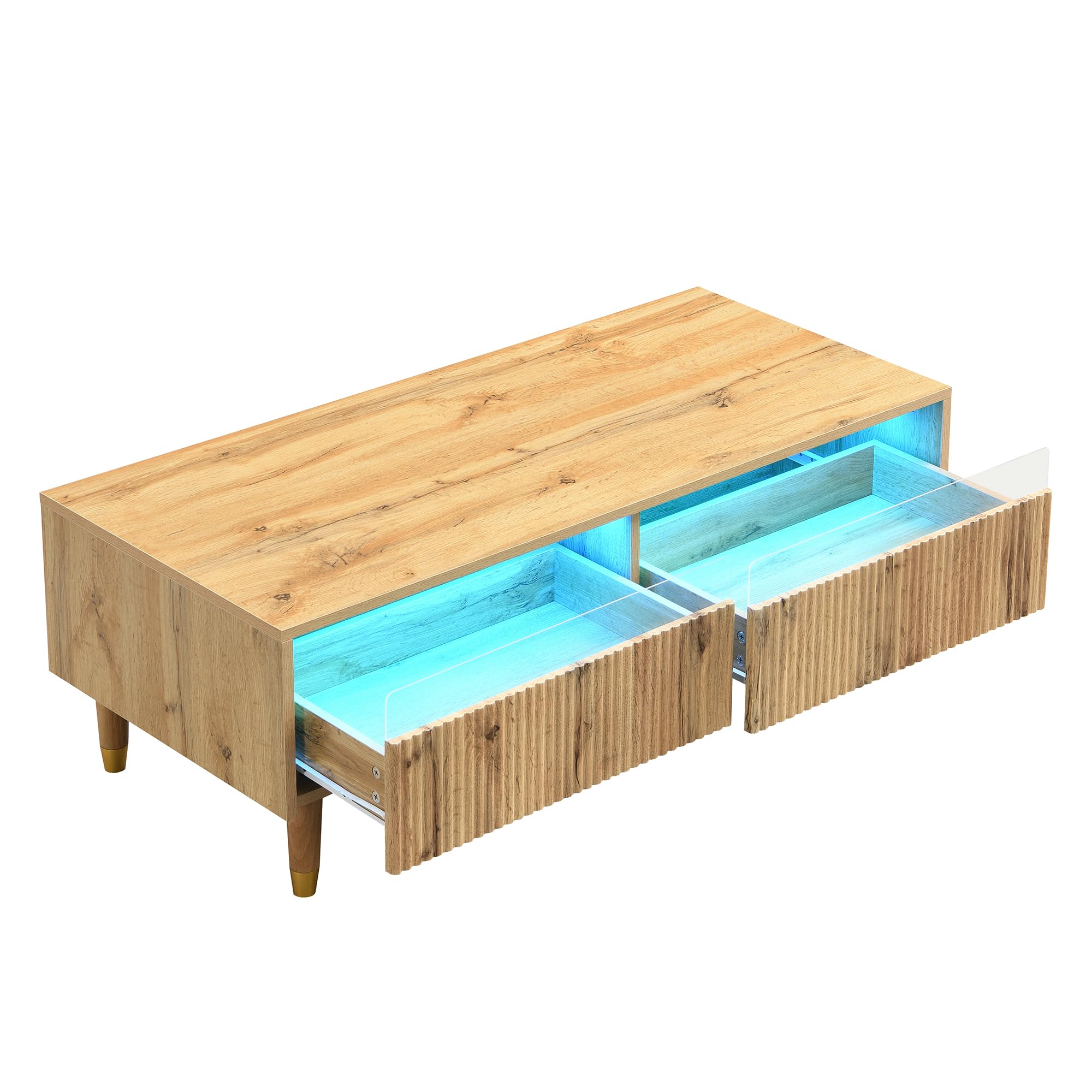 MURUL Mesa de centro moderna con cajón ondulado, patas de madera dorada, dos cajones