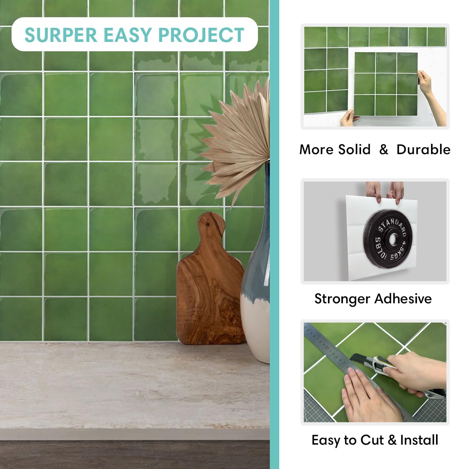 Commomy Thicker Green Peel and Stick Tiles- 10 pcs of 12" x 12" - 3D Adhesive Square Peel and Stick Tiles Backsplash for Kitchen, Bathroom, Removable, Waterproof, Vinyl Wall Tile