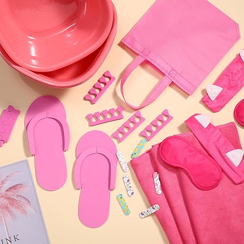 Miniatura 7 de Jeyiour 72 piezas de suministros de fiesta de spa para niñas, incluyen 8 toallas de mano, 8 lavabos, 16 separadores de dedos, 8 bolsas de mano, 8