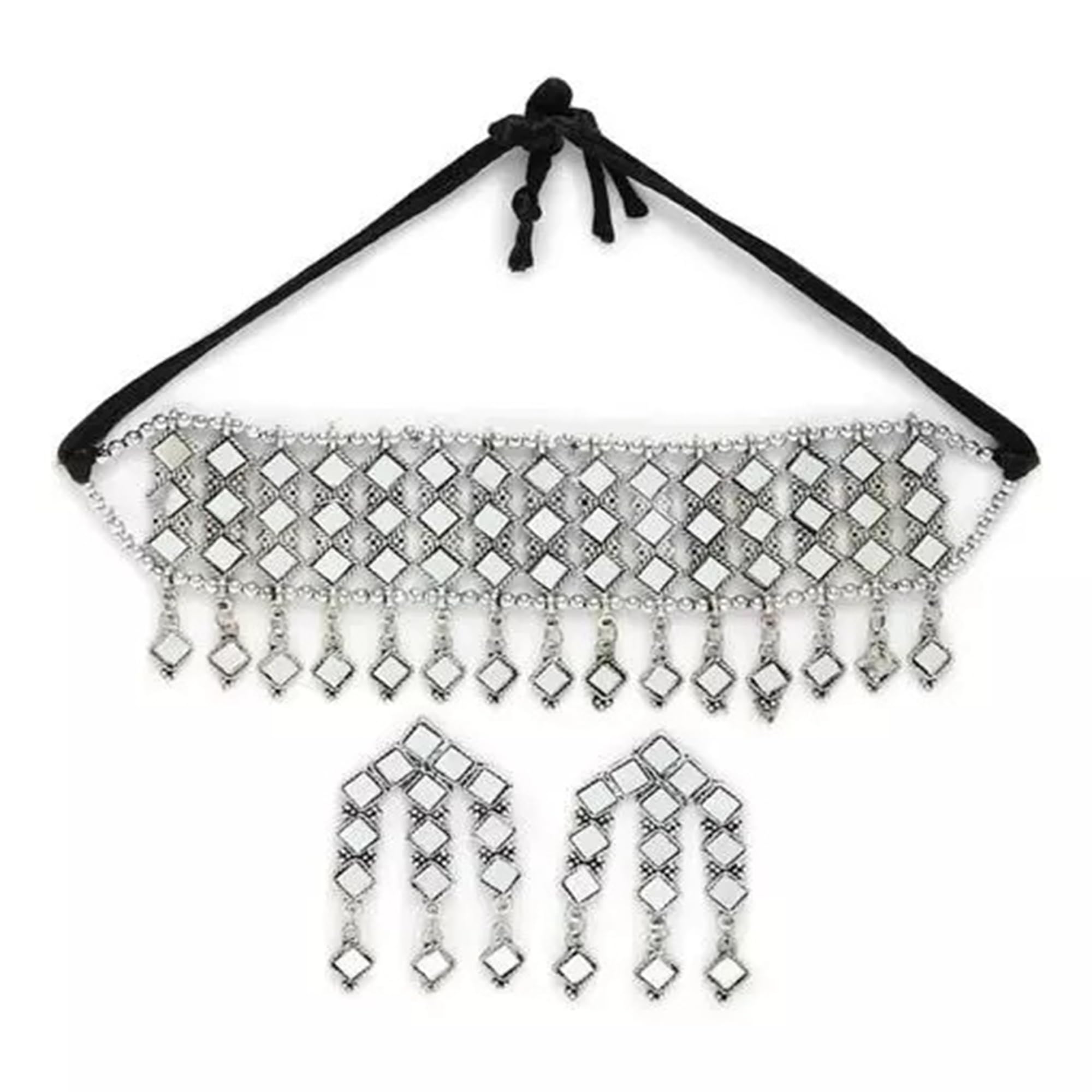Shivarth Oxidised Jewellery set Mirror Necklace Choker Set 1pcs with Earrings Jhumki Jumka 1pair long Chain Silver Jewellery Choker Alloy Necklace (Silver Mirror Choker) (B0C9MPM2P5) Amazon Price History, Amazon Price Tracker