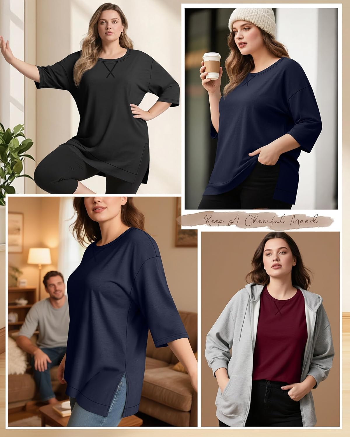 3 Pack Women's Plus Size 3/4 Sleeve Tops Side Slit Round Neck T-Shirt Loose Fit Casual Basic Tunic Tee - Image 3