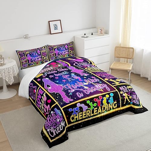 Miniatura 4 de Juego de edredón de porristas tamaño individual para niños y niñas, jóvenes, juego de ropa de cama de lentejuelas neón de color arcoíris, juego de