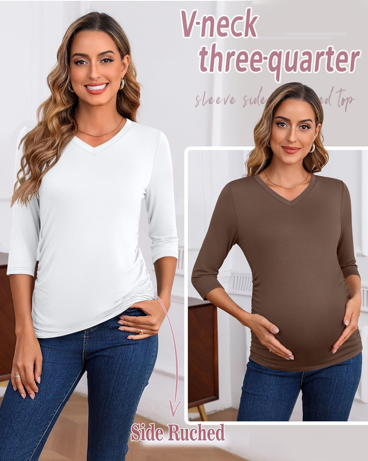 Ficerd 3 Pack Women's Maternity Shirts, 3/4 Sleeve V Neck Pregnancy Tops Side Ruched Casual Maternity Tee Pregnant Clothes - Image 2