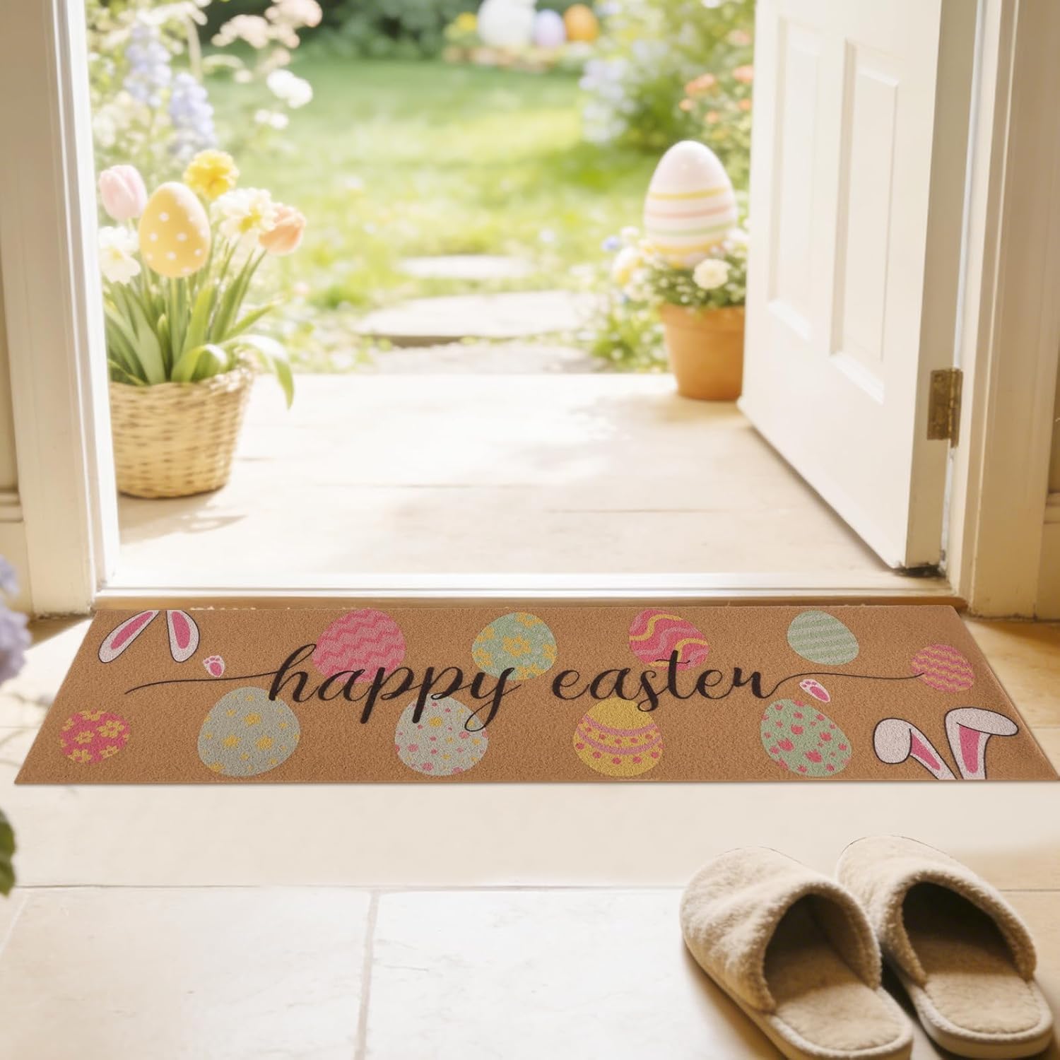 Foxtell Happy Easter Decorative Door Mat, 16"x60" Easter Welcome Doormat - Non-Slip Imitation Coir Entry Mat with Colorful Eggs Design for Spring, Outdoor & Indoor Front Door Decor