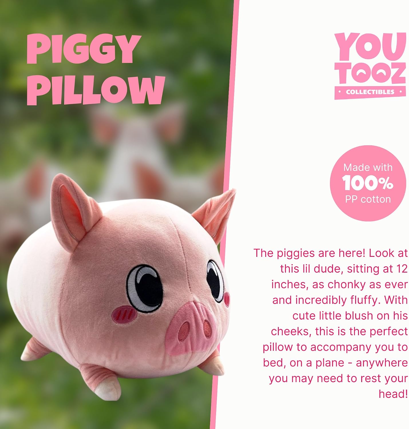Youtooz Piggy Pillow Plush 1ft, Soft, Huggable and Adorable Piggy Pillow Youtooz Plush, 100-PP Cotton by Youtooz Plush Collection