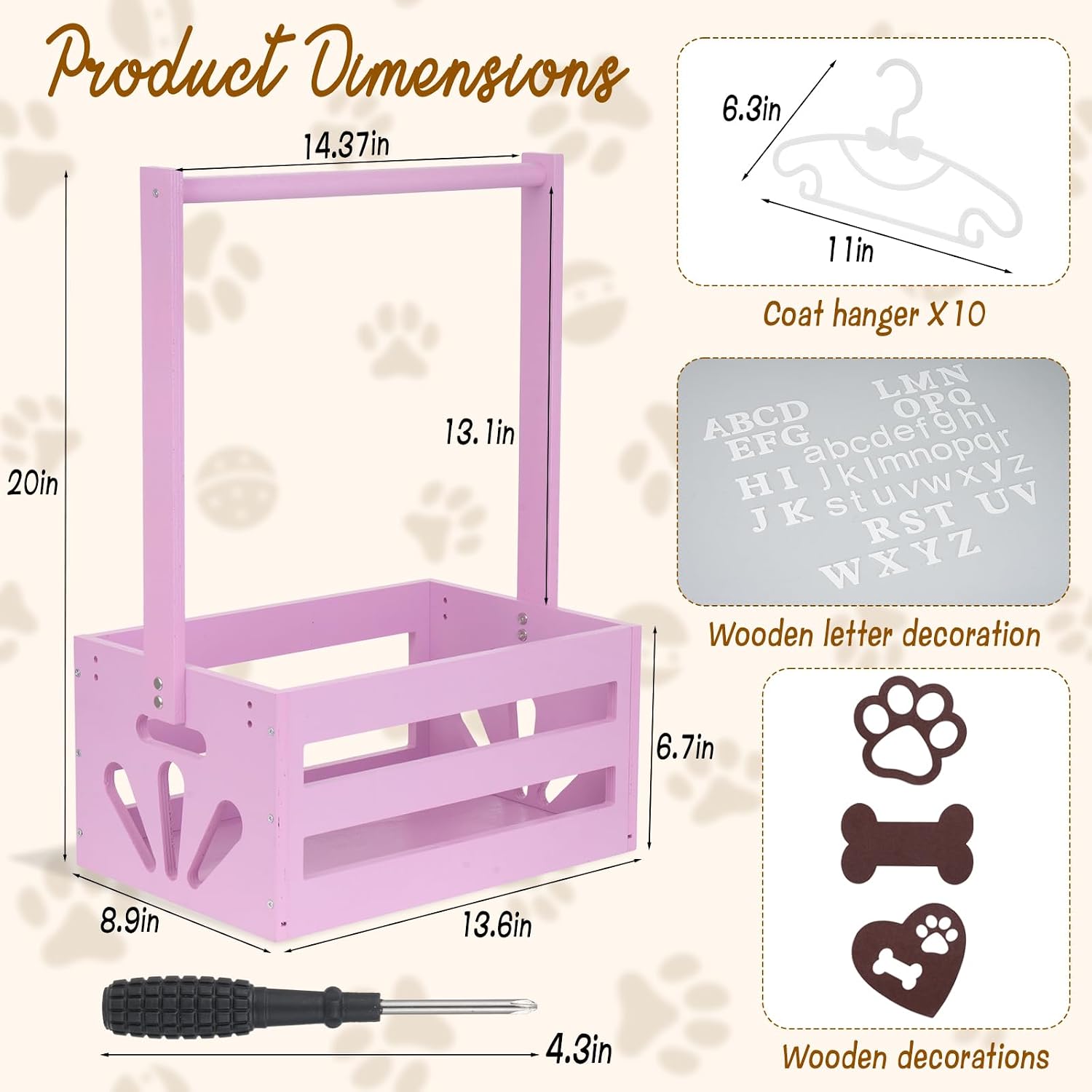 Wooden Pet Wardrobe Closet Toy Basket Box with Hanging Rods Personalized Pet Alphabet Letters Easy Assembly Baskets Dog Toy Box for Dog Cat Toys Clothes Organization Storage Accessories, Pink