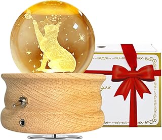 Kristallkugel Spieluhr, 360 ° drehbare hölzerne Spieluhr mit Licht，Geburtstagsgeschenk, Projektionsfunktion mit Beleuchtung, LED Mond Lampe, Jubiläum,Valentinstagsgeschenk（Niedliches Katzen）