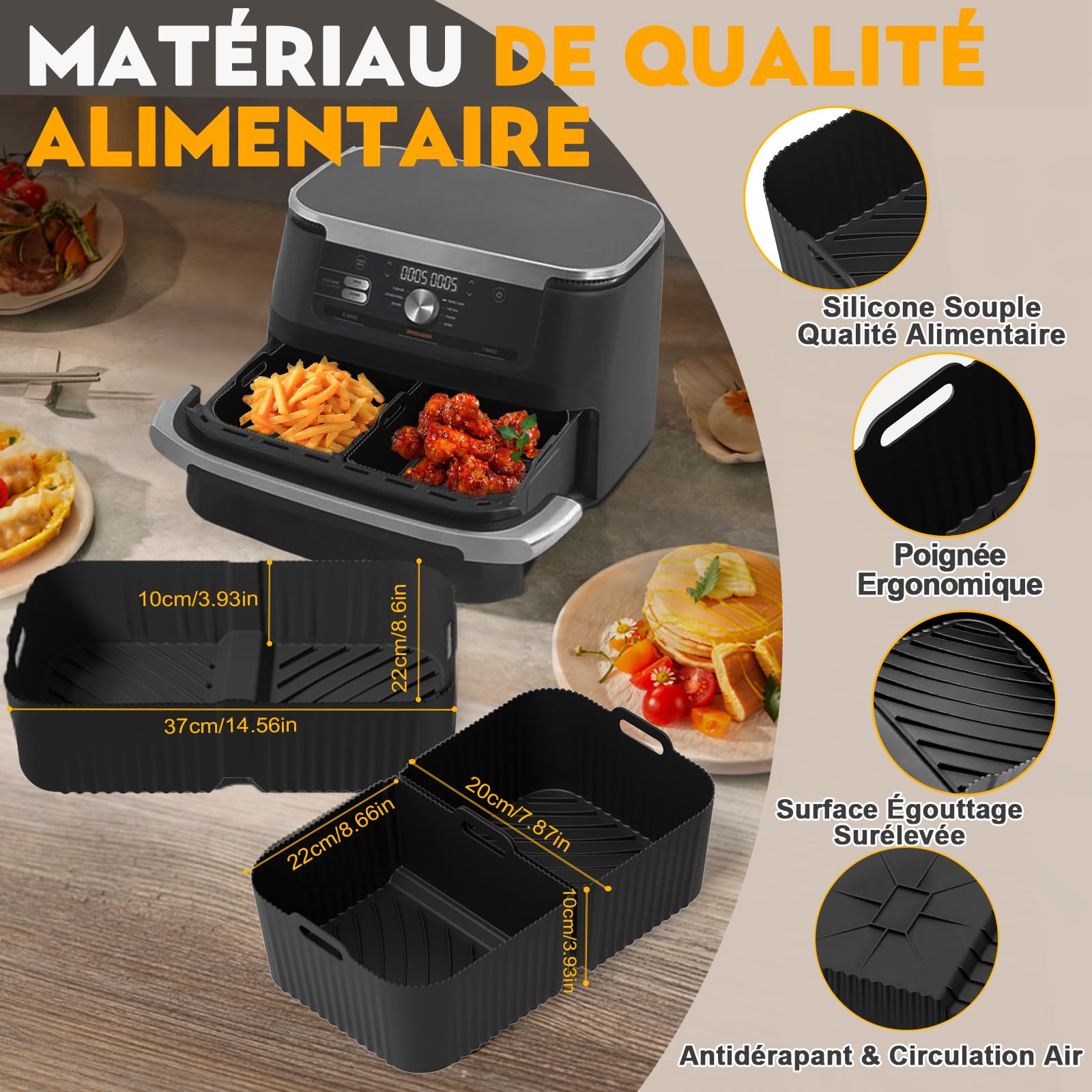 Accessoires Air Fryer pour Ninja AF500EU Foodi FlexDrawer 10.4L | Moule Silicone Air Fryer Ninja 10,4L, Plat pour Airfryer Réutilisable Panier(1x10,4 L+2x5,2 L), 22 Pièces