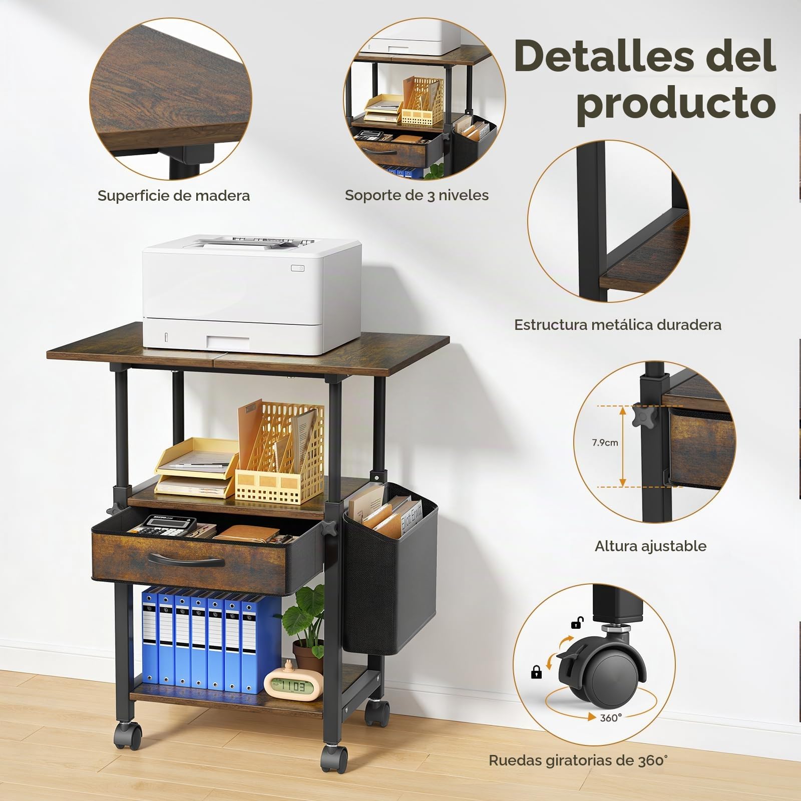Mesa de impresión con ruedas Soporte de impresora de 3 niveles, mesa de impresora con cajón y bolsillo lateral, carrito grande con ruedas con estante ajustable para oficina y hogar (2)