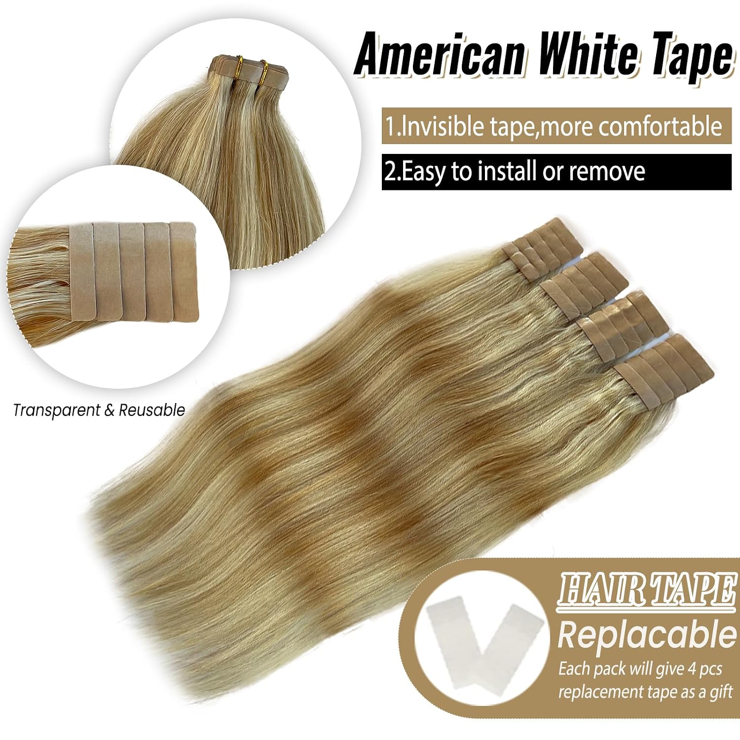 14inch Balayage Blonde Tape In Hair Extensions Remy Hair 30g 20pcs/Packs Strawberry Blonde With Bleach Blonde Silky Straight Reusable Double-Side Seamless Real Human Hair Tape In Extensions