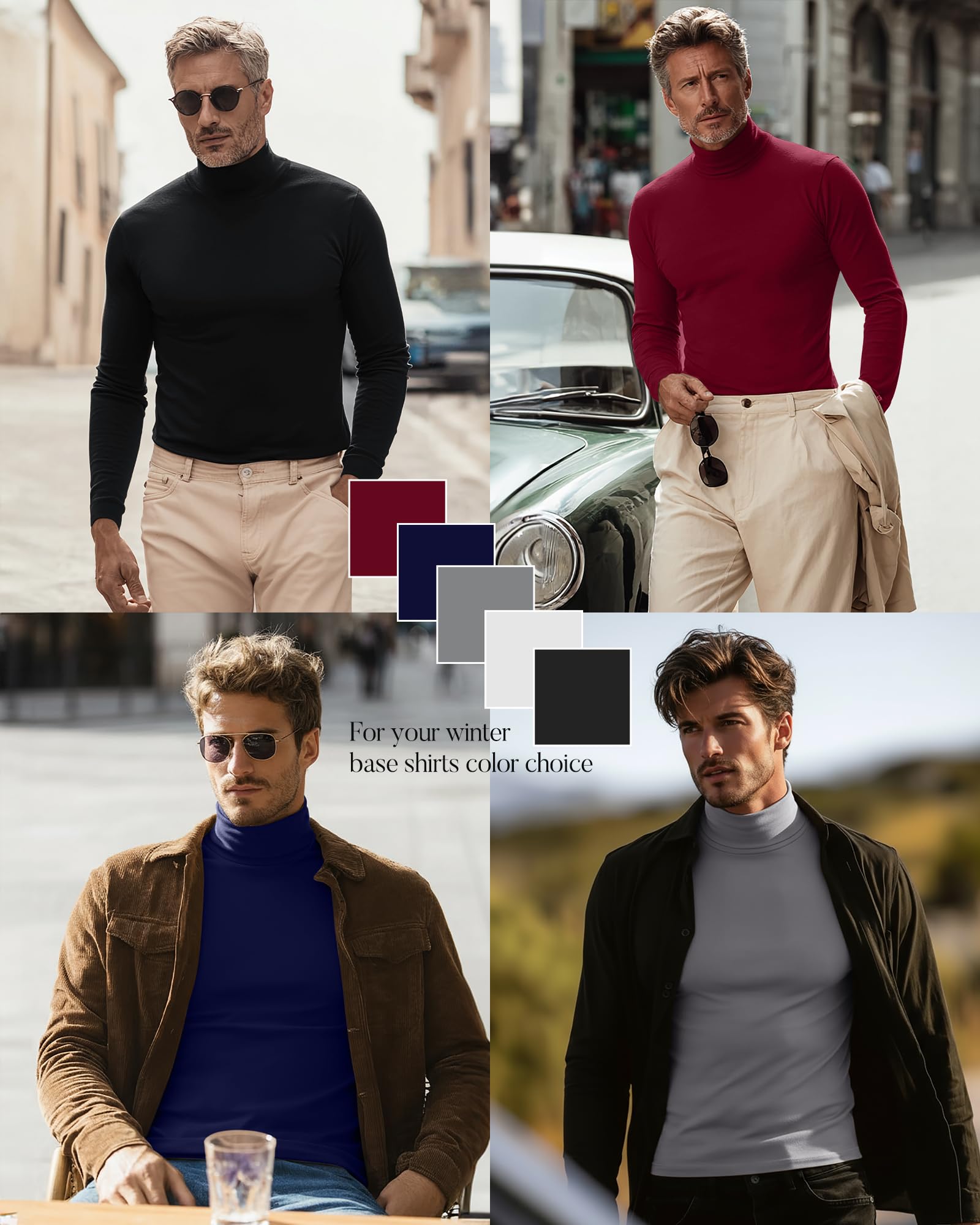 Neer Confezione da 5 magliette da uomo a maniche lunghe grandi e alte a collo alto, maglia termica casual basic leggera
