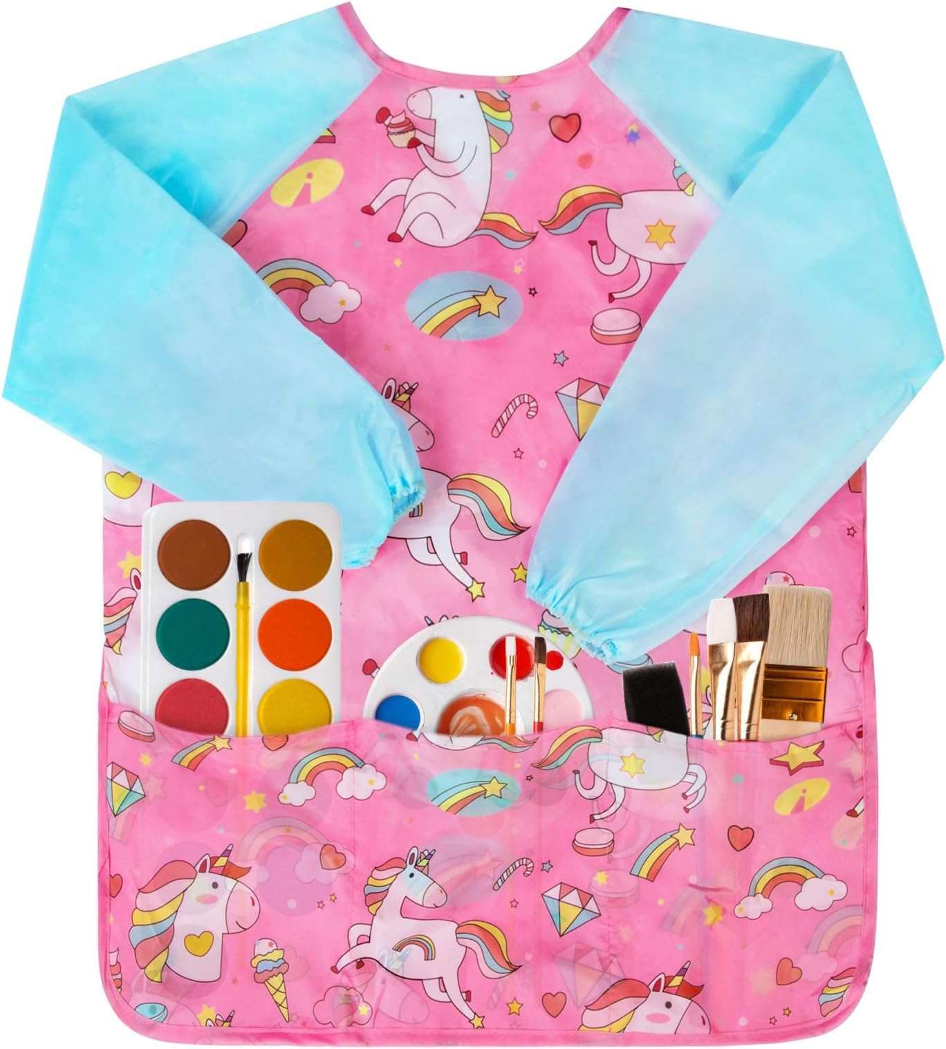 Bassion Kids Art Smock, Toddlers Painting Aprons Colorful Waterproof Children Artist Smock with Long Sleeve 3 Roomy Pockets for Age 2-8 Years Gifts(Azure Pink)