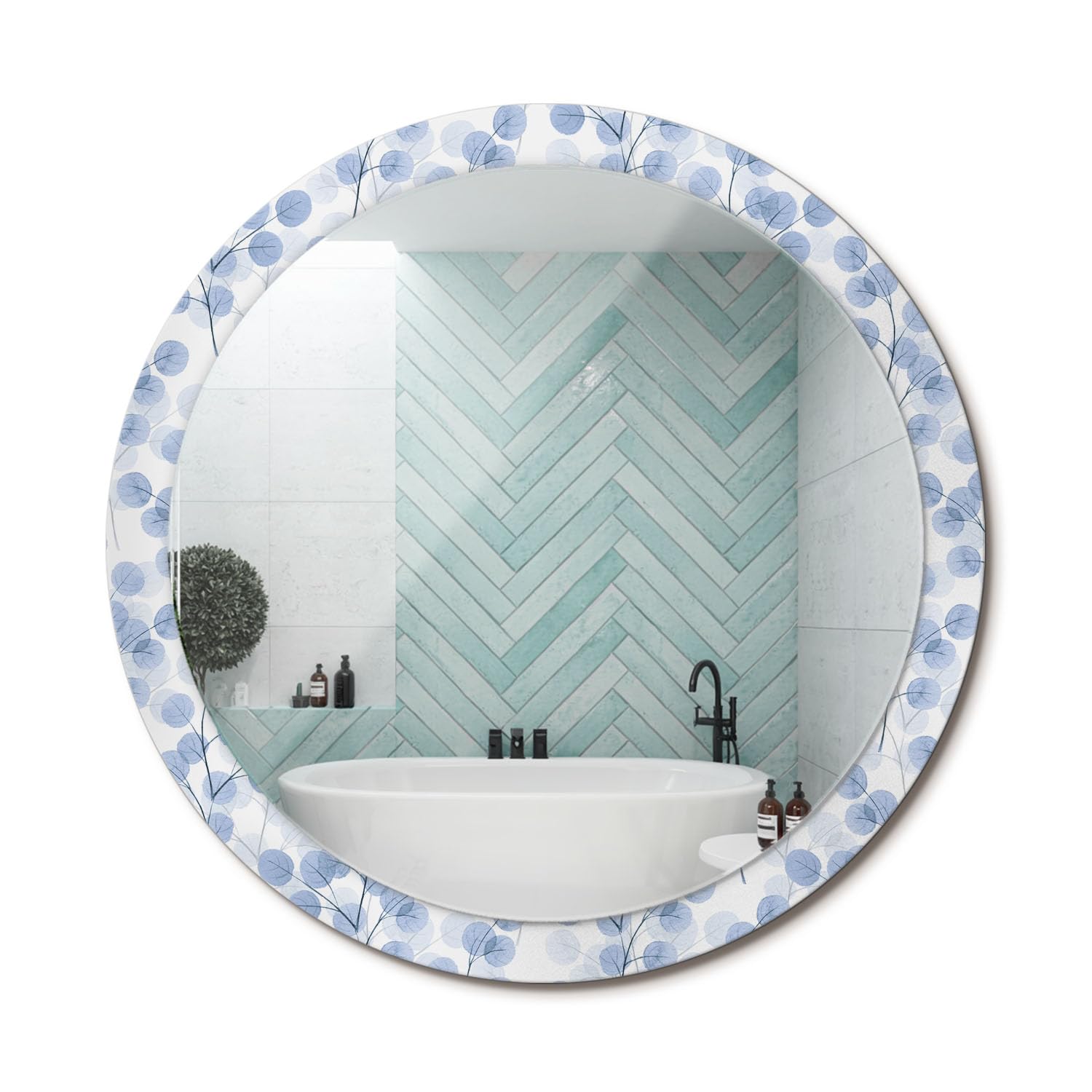 Miroir rond suspendre cadre verre imprimé branches feuilles décoration murale