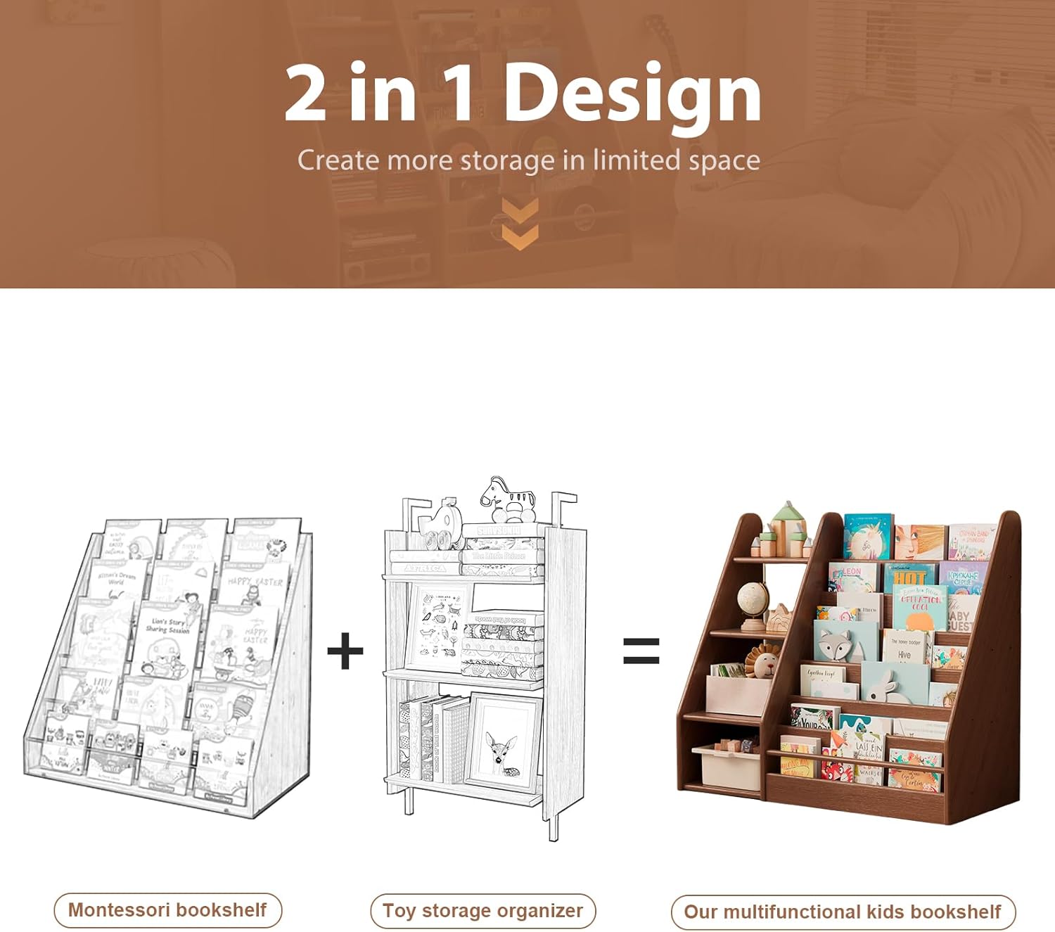 Solid Wood Kids Bookshelf and Storage Organizer, 7 Layer Children Bookcase, Baby Toddler Wooden Book Shelf, Display Cabinet for Playroom, Bedroom, Classroom, Nursery, School, Walnut - Image 7