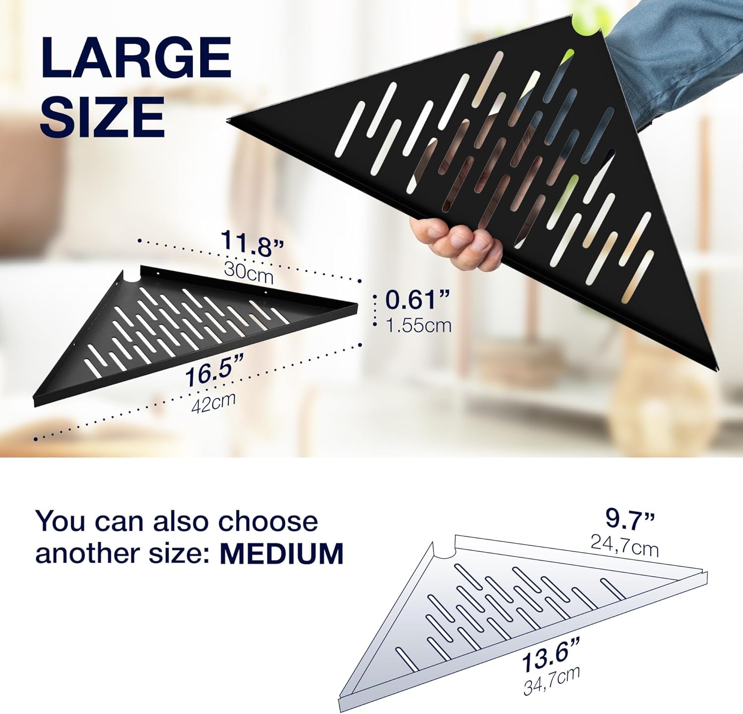 Bathroom Corner Shelves for Shower - Adhesive / Stick / Drill / No Drill - 16" Strong Black Floating Corner Shelf for Tiled Wall, Bathroom, Inside Shower Caddy, Shelf Wall Mount Triangular, Organizer