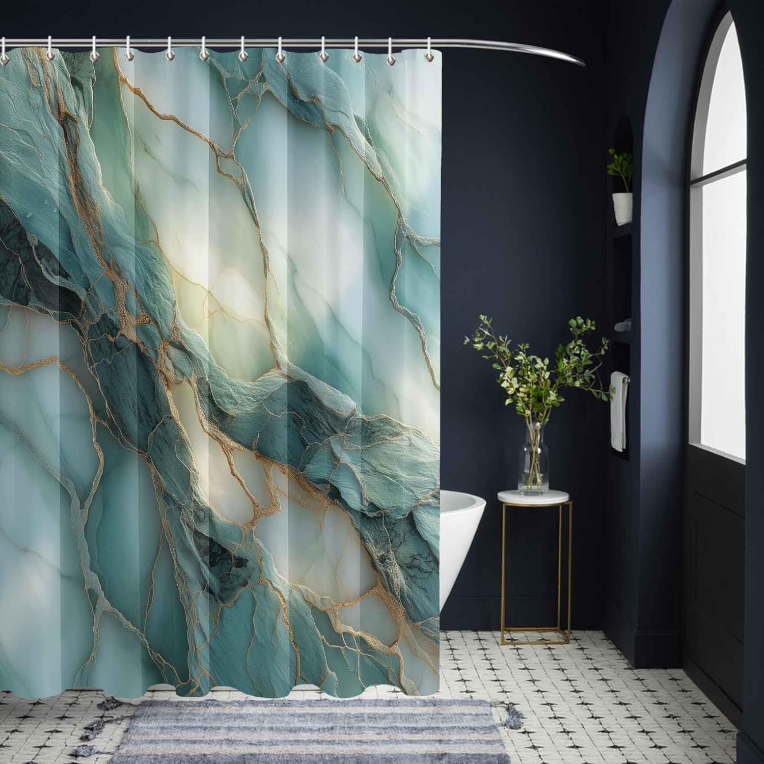 Green Marble 72x75 Inch Shower Curtain for Bathroom Decor, Ombre Texture Curtain for Bathroom, Modern Abstract Luxury Waterproof Fabric Shower Curtain with Hooks