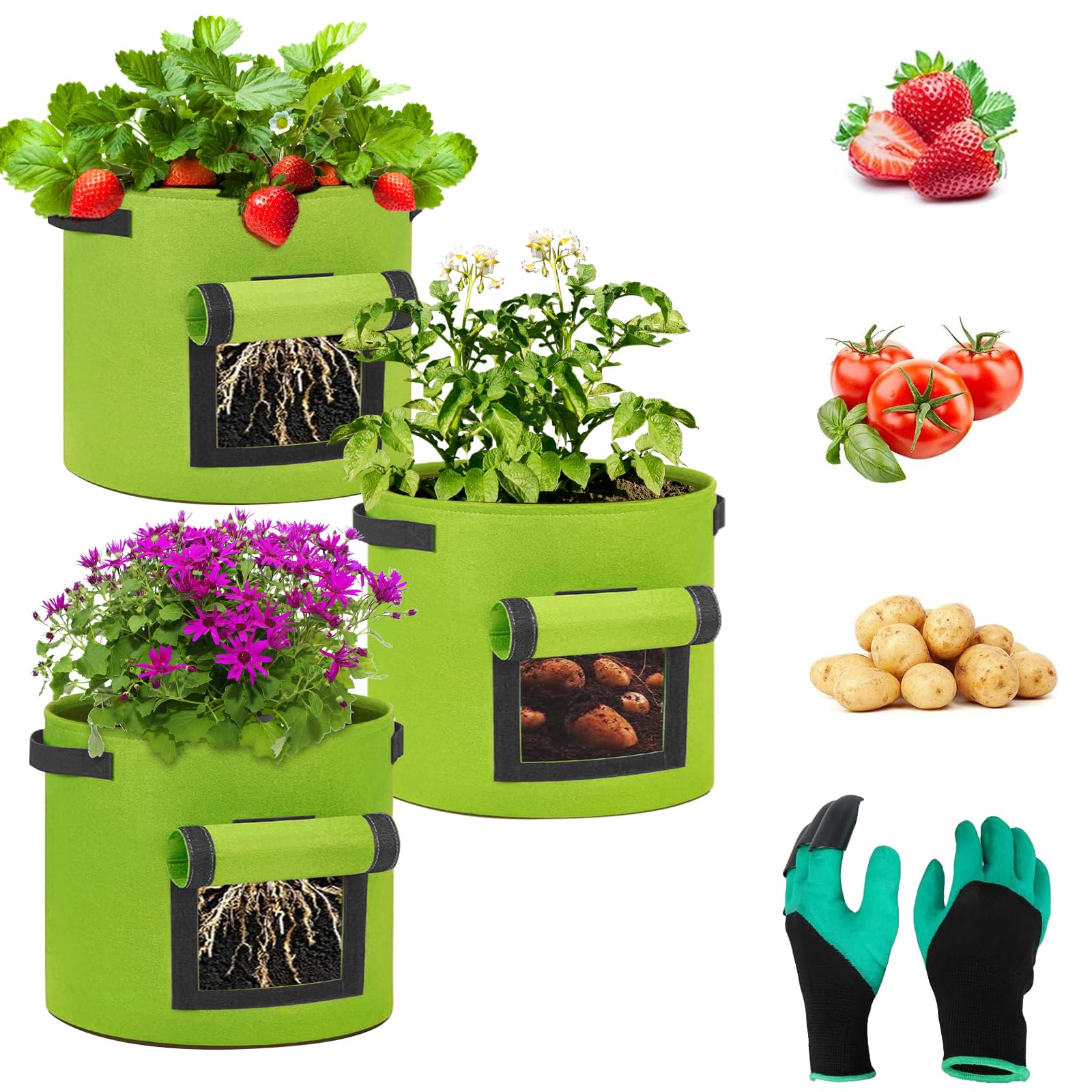 Aoligei Kartoffel Pflanzsack, 3 Stück 28L Pflanzsäcke mit Sichtfenster, Vliesstoff Pflanzsack mit Gartenhandschuhen, Pflanzbeutel für Kartoffeln, Erdbeeren, Karotten, Gemüse, Indoor Outdoor