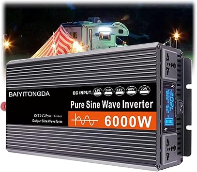 High Efficiency 6000W Pure Sine Wave Power Inverter DC 12V/24V/48V/60V to AC 120V/230V Converter, Low Frequency Solar Power Inverter Converter with LCD Display,12v to 110v