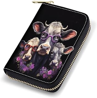 Credit Card Holder Wallets for Women, RFID Blocking Small Leather Card Case Wallet with Zipper Accordion Wallets, Funny Cow Combination