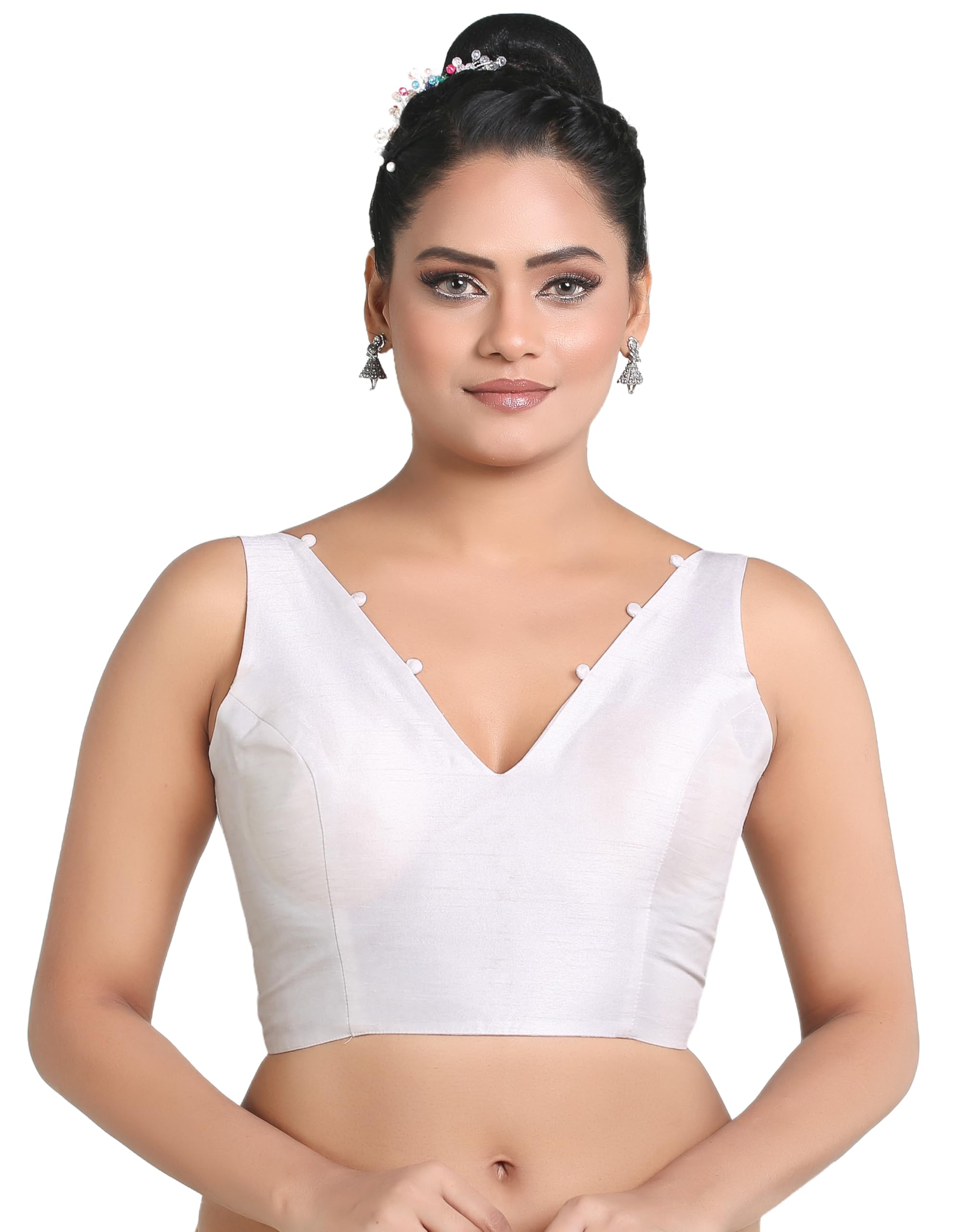 Madhu Fashion Women's Sleeveless Solid Pattern V Neck Readymade Saree Blouse