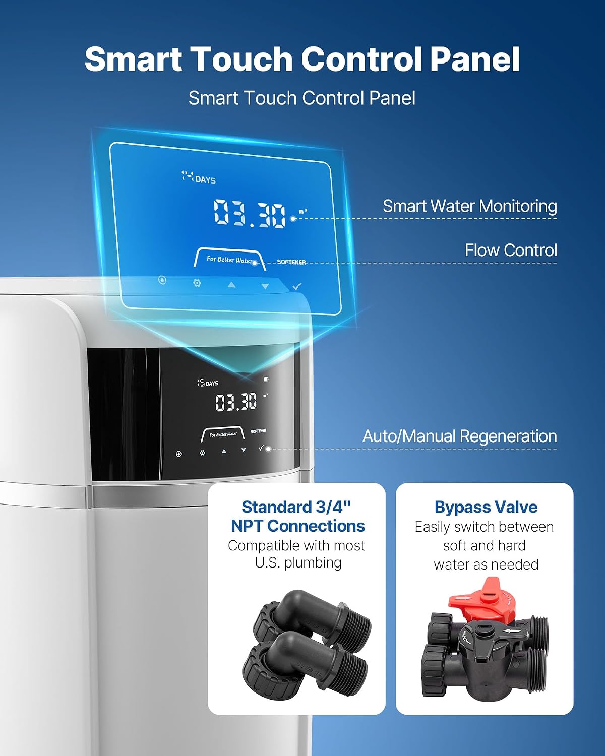 VEVOR Water Softener, 32,000 Grains Whole House Water Softener System, with Automatic Touch Control Panel, Bypass Valve, Reduce Hardness and Minerals, Improve Water Quality, for 1-2 Bathrooms
