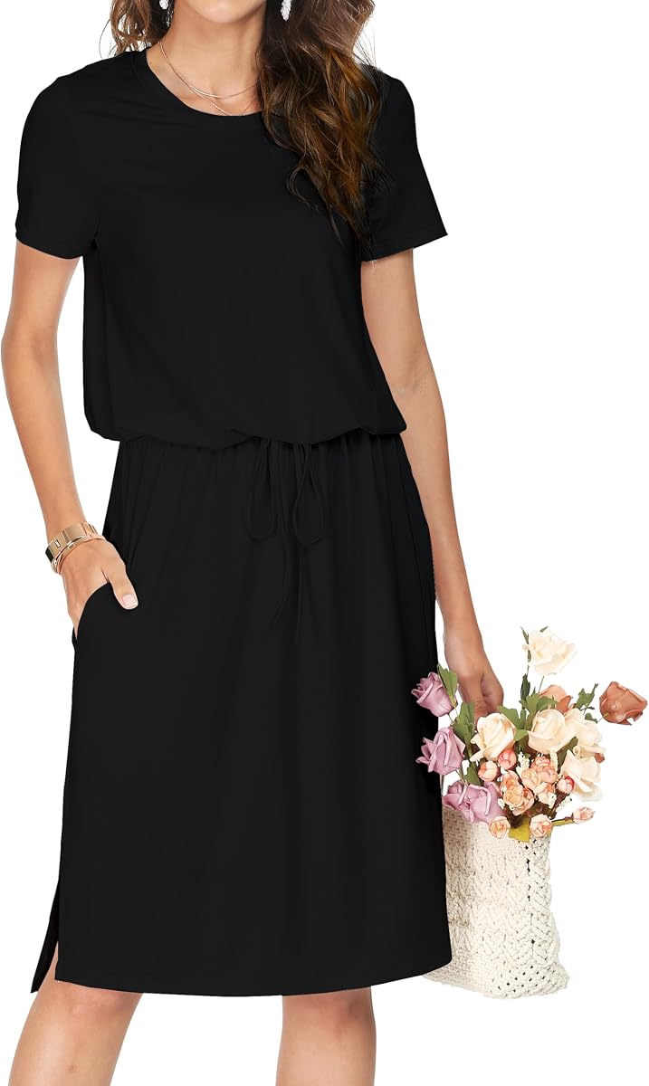 Vestido de viaje hasta la rodilla para mujer, traje informal de trabajo a media pierna con bolsillo y manga corta, para verano