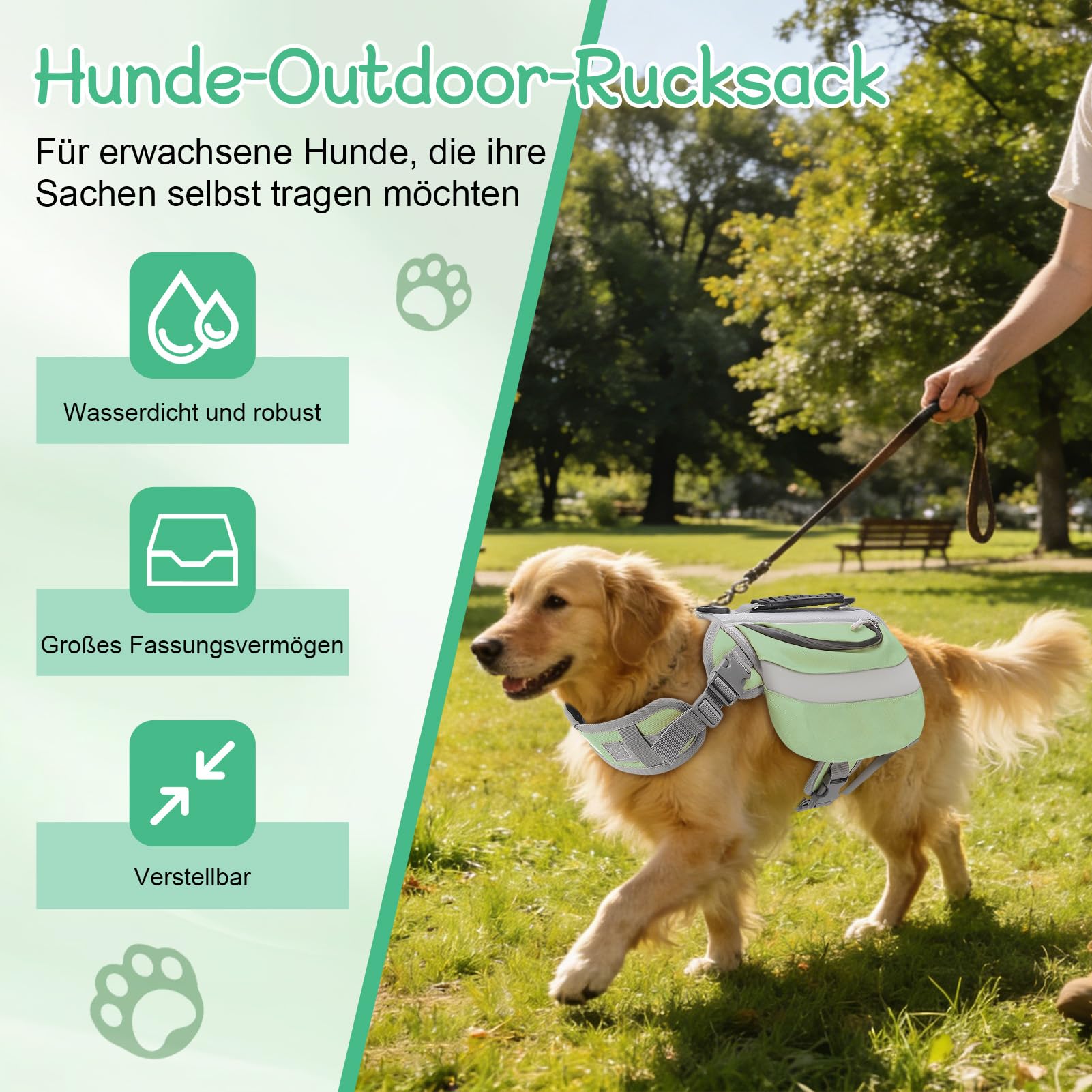 Zaino per cani, traspirante, robusto, con strisce riflettenti, 2 tasche laterali, impermeabile, per passeggiate, escursioni, allenamento (verde)